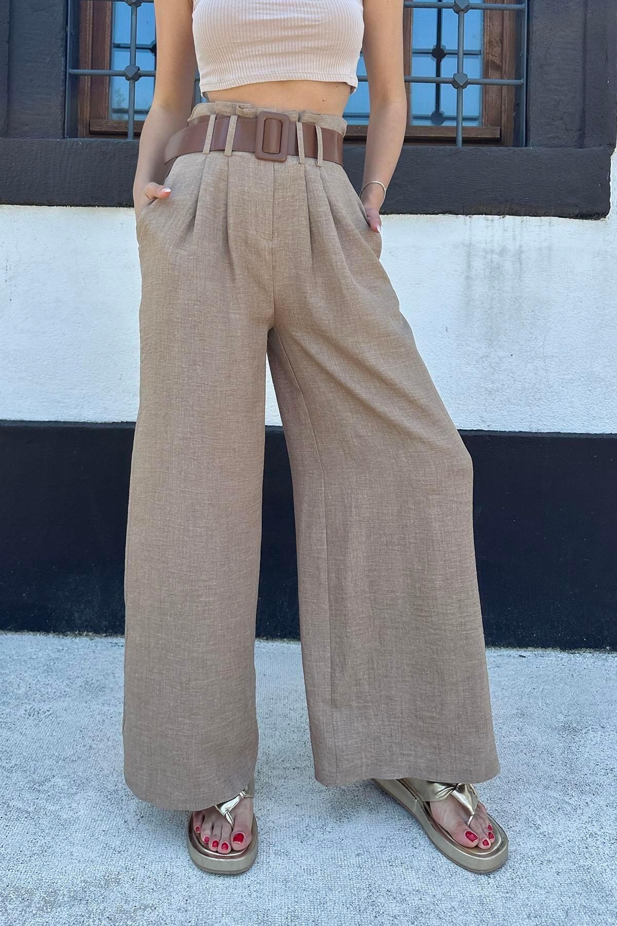 Moda cameo Keten Kemerli Bol Paça Pantolon Camel