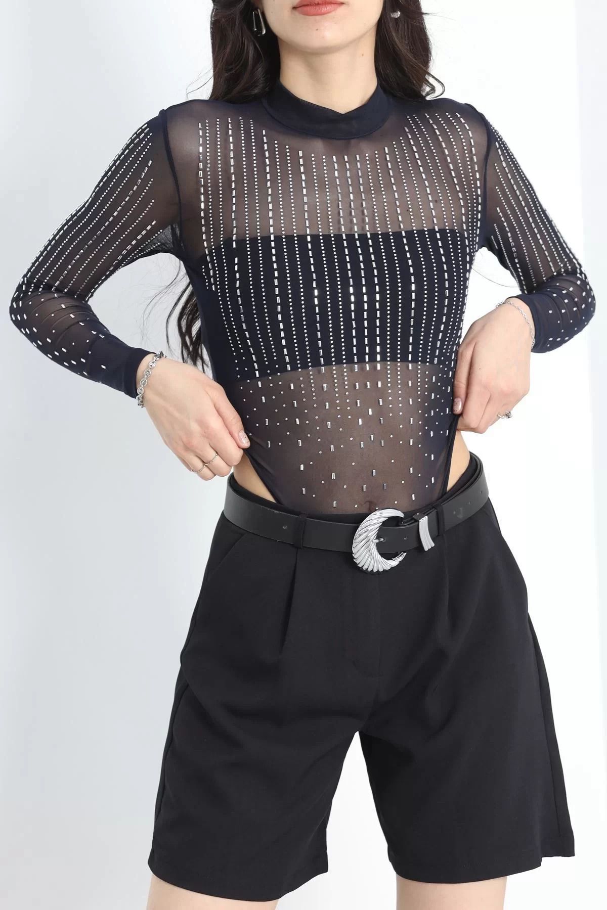 ceylinmoda Taşlı Transparan Çıtçıtlı Bodysuit Lacivert - 30167.1918.