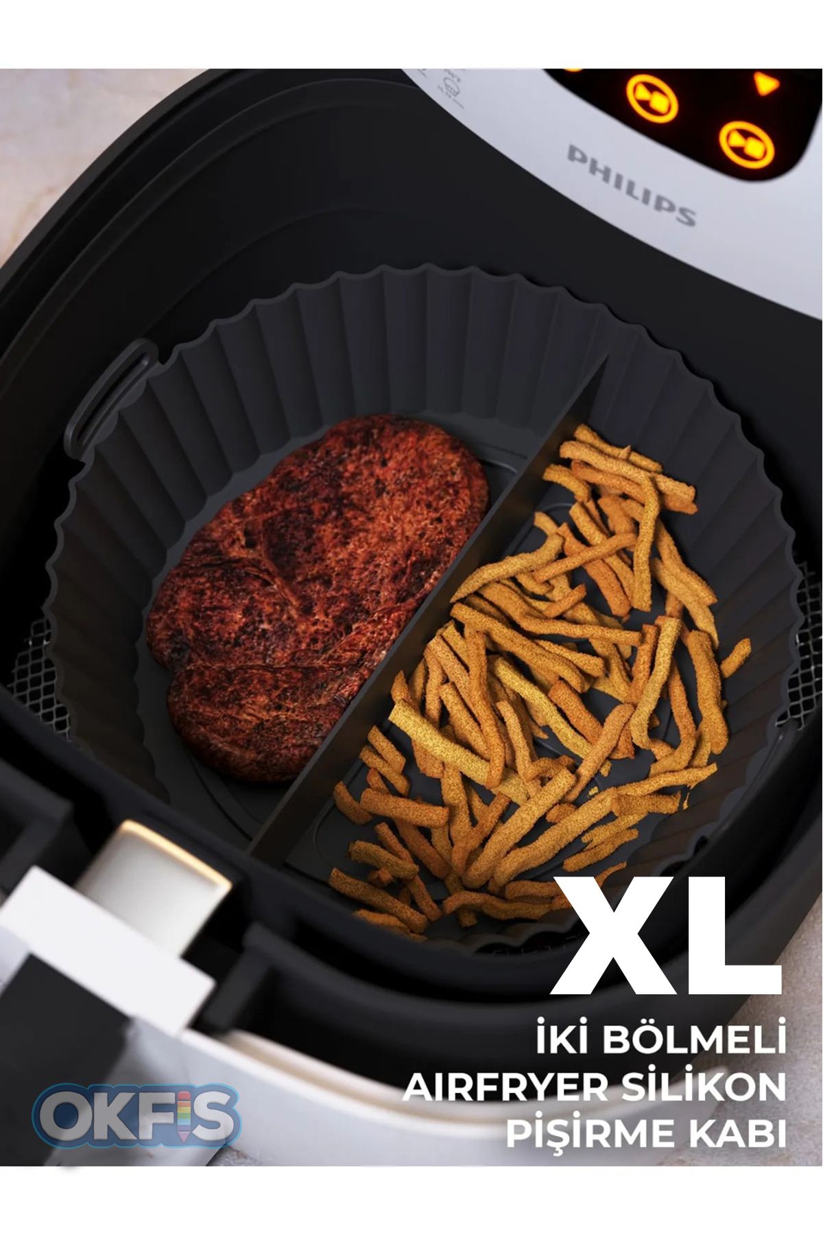 OKFİS XL Airfryer Silikon İki Bölmeli Pişirme Kabı Fritöz Fırın Pişirme Kağıdı 23x5 cm Siyah 1 Adet