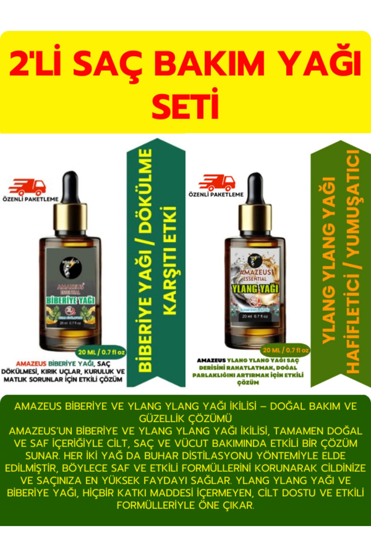 Amazeus BİBERİYE YAĞI 20 ML, YLANG YAĞI 20 ML İKİLİSİ-%100 SAF VE DOĞAL UÇUCU YAĞLAR BAKIM SETİ (2X20 ML)