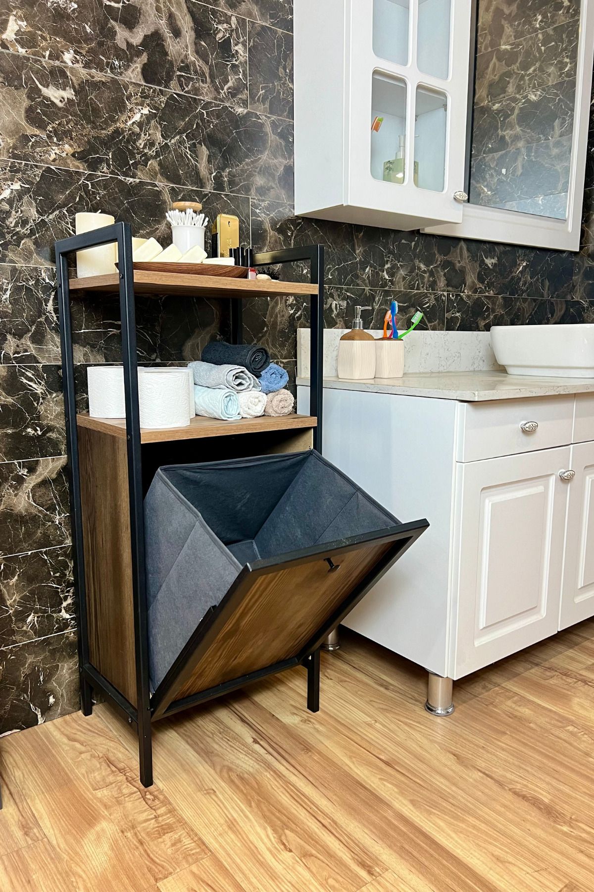 Milonsa Kirli Çamaşır Sepeti Metal Ahşap Banyo Düzenleyici Kirli Sepeti Banyo Dolabı Organizer Banyo Rafı