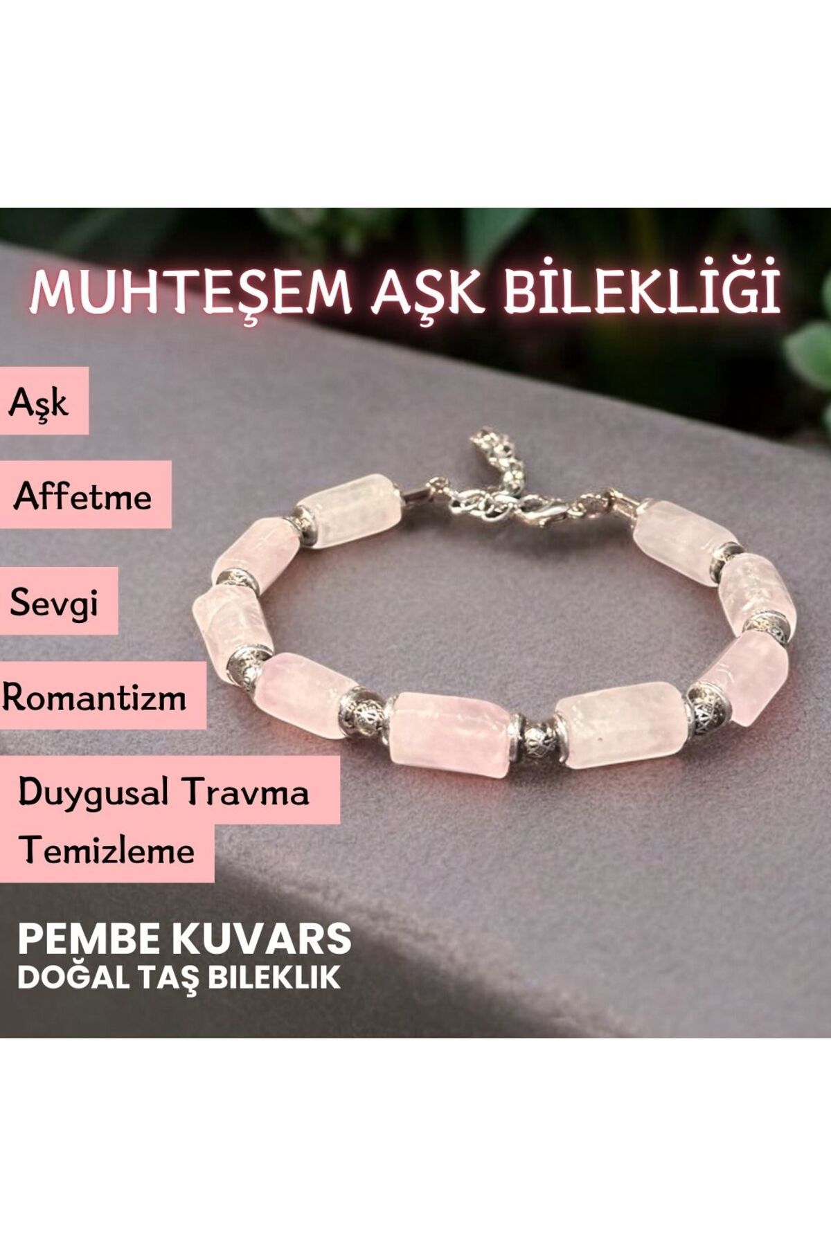 Bonicce Aşk Bilekliği - Pembe Kuvars Taşı Doğal Taş Bileklik