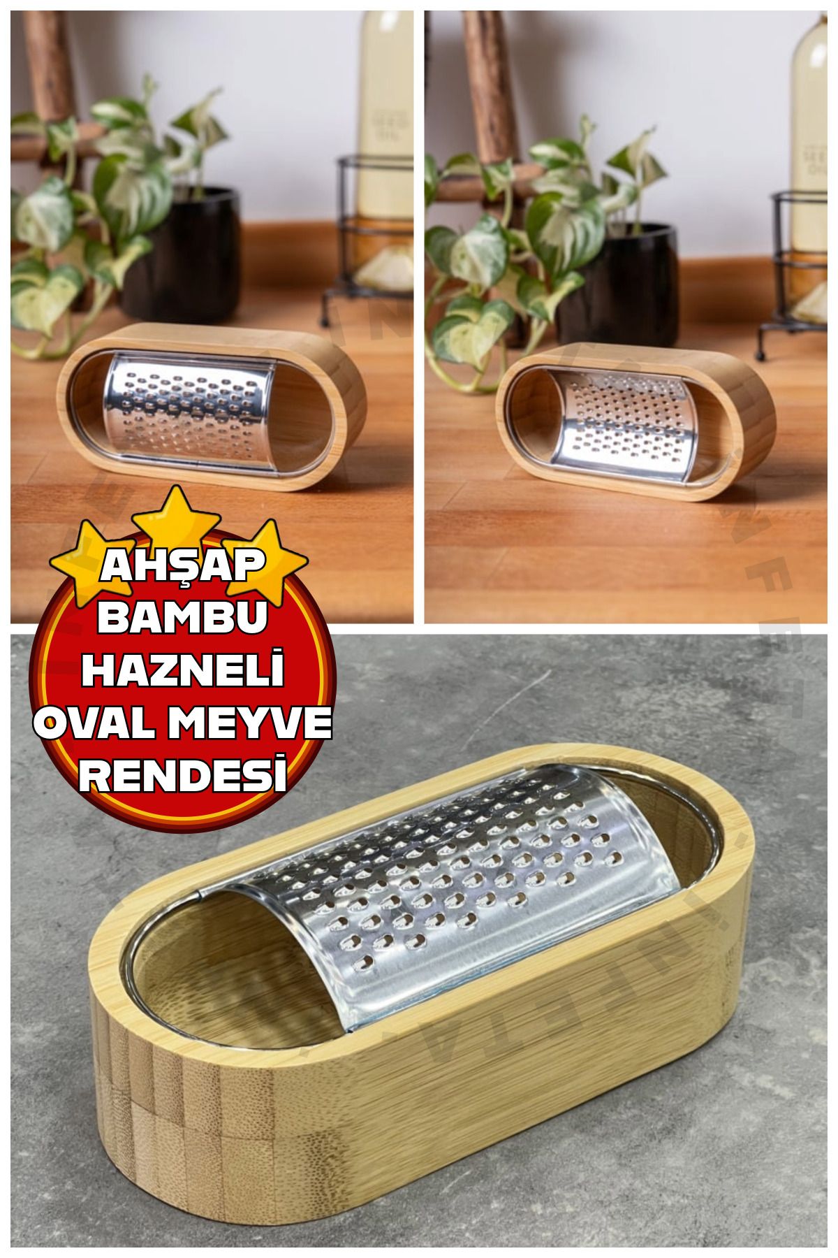 İnfeta 7x15.5 cm Ahşap Bambu Hazneli Oval ve Yatay Metal Bölmeli Meyve Rendesi