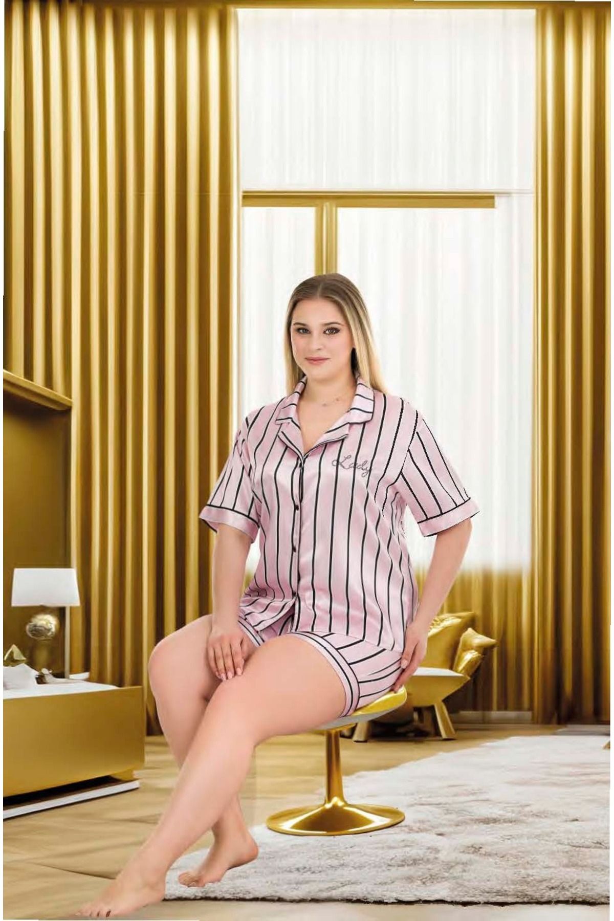 tarzımsüper-Plus Size Satin Pajamas Set - Luxury Bottom-Top Set with Shorts, Button, 2 2