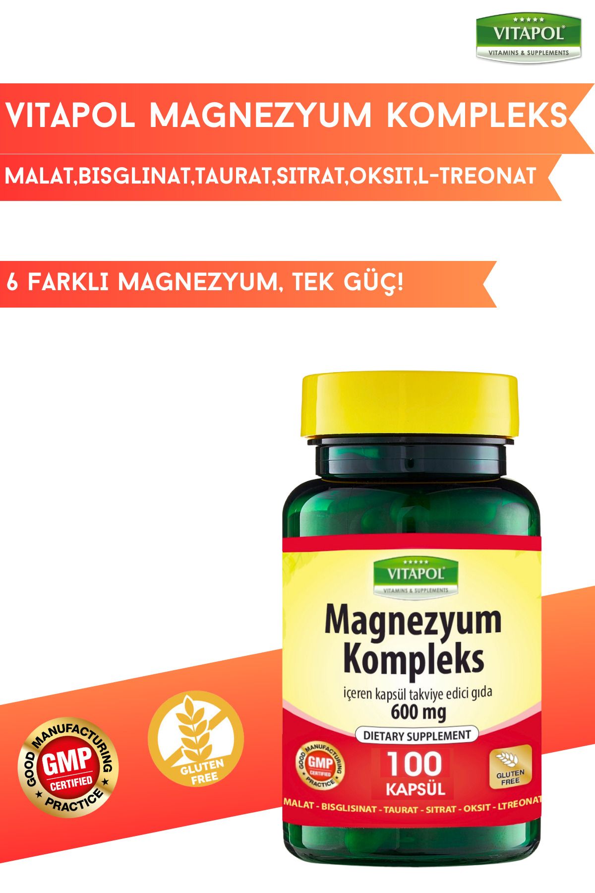 Vitapol Magnezyum Kompleks 600 Mg 100 Kapsül 6 Çeşit Magnezyum Türevi Magnesıum Complex