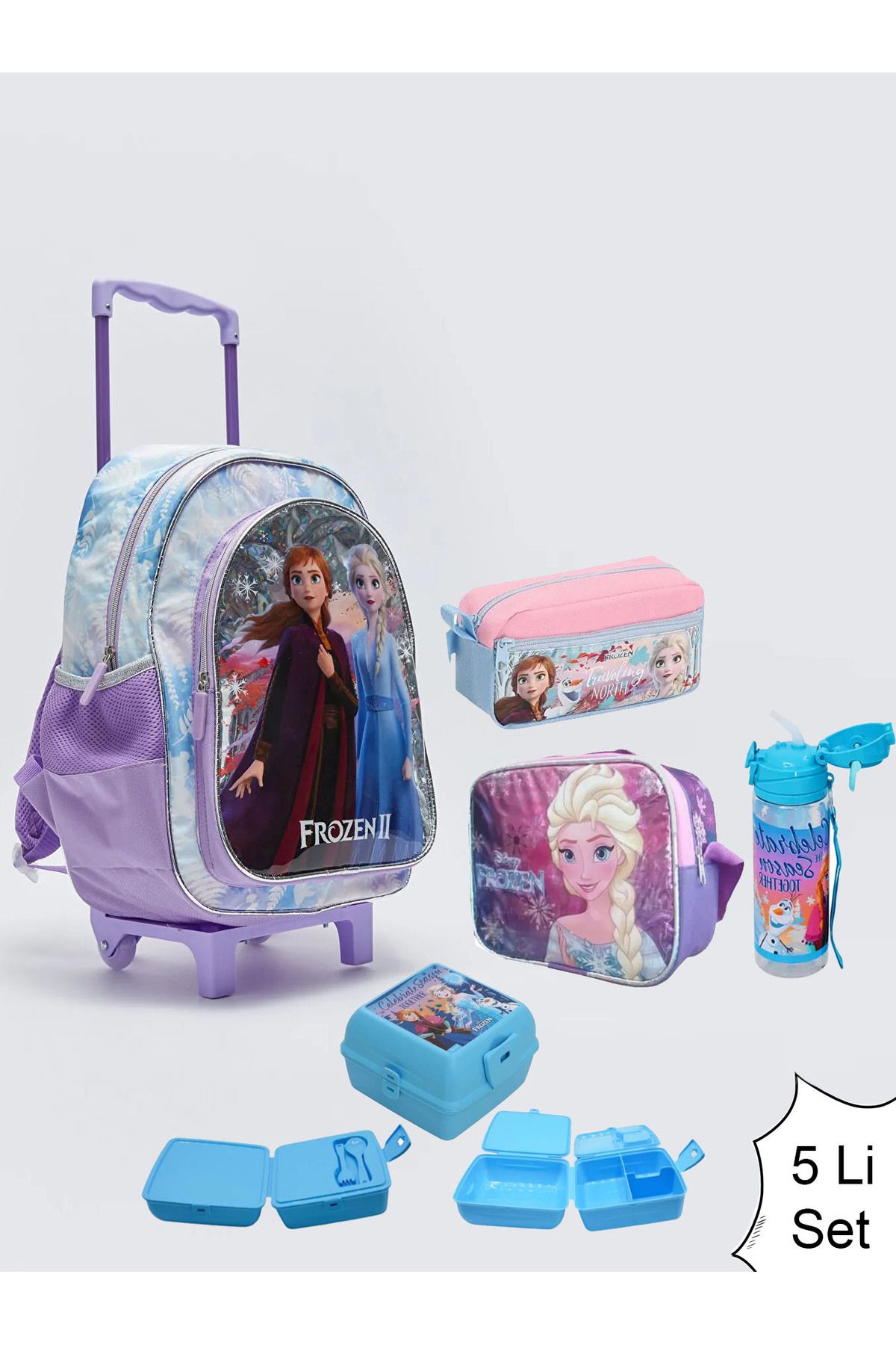 Frozen Lisanslı Çekçekli İlkokul Çantası Set Çanta+Beslenme+Suluk+Kalemlik+Kab Elsa (5li Set)