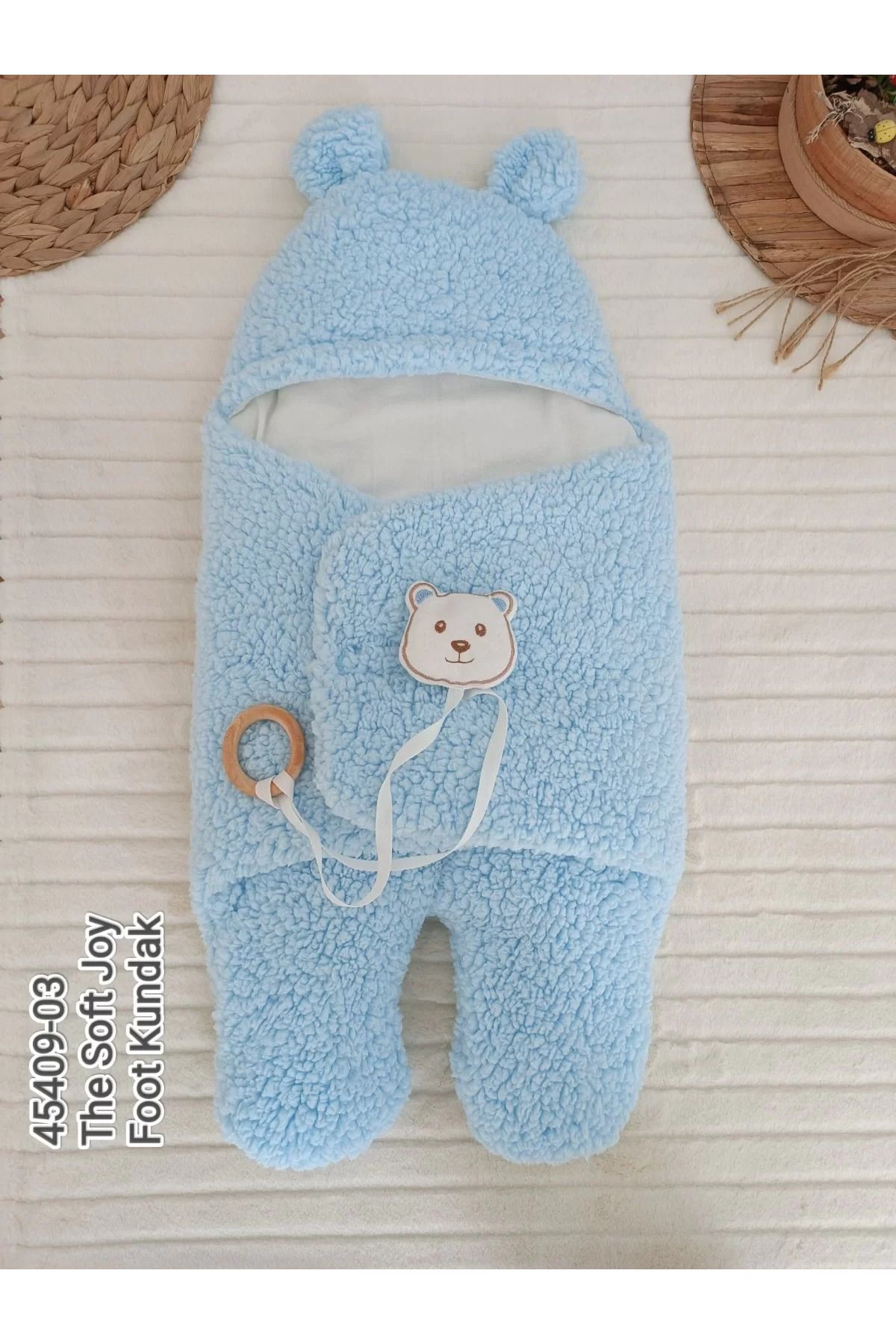 BABY WEAR Yenidoğan Kulaklı Şapkalı Açılır Kucaklı Cırt Kapamalı Aklı  Kundak Mavi