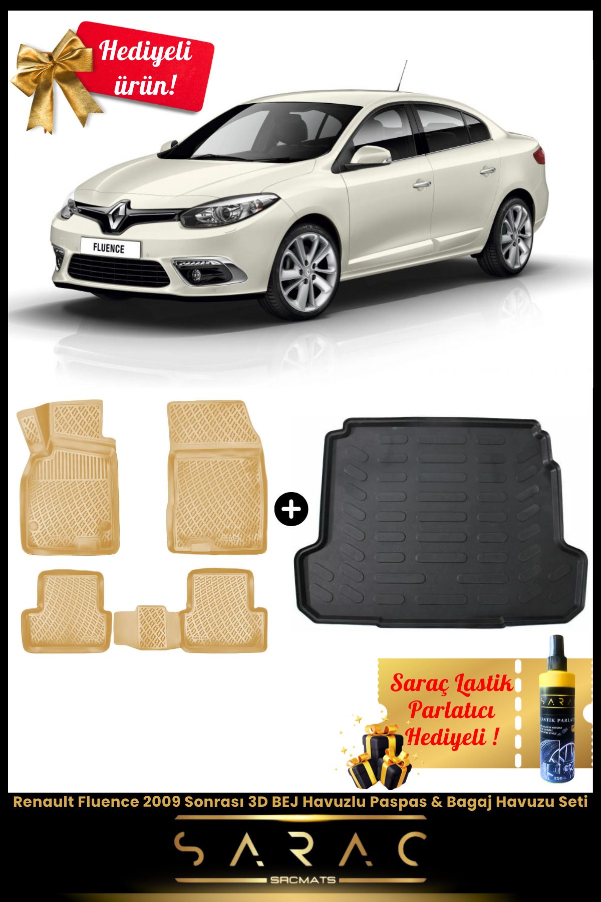 SRCMATS Renault Fluence 2009 Sonrası Araca Özel 3D BEJ Havuzlu Paspas & Bagaj Havuzu Seti+(HEDİYELİ!)