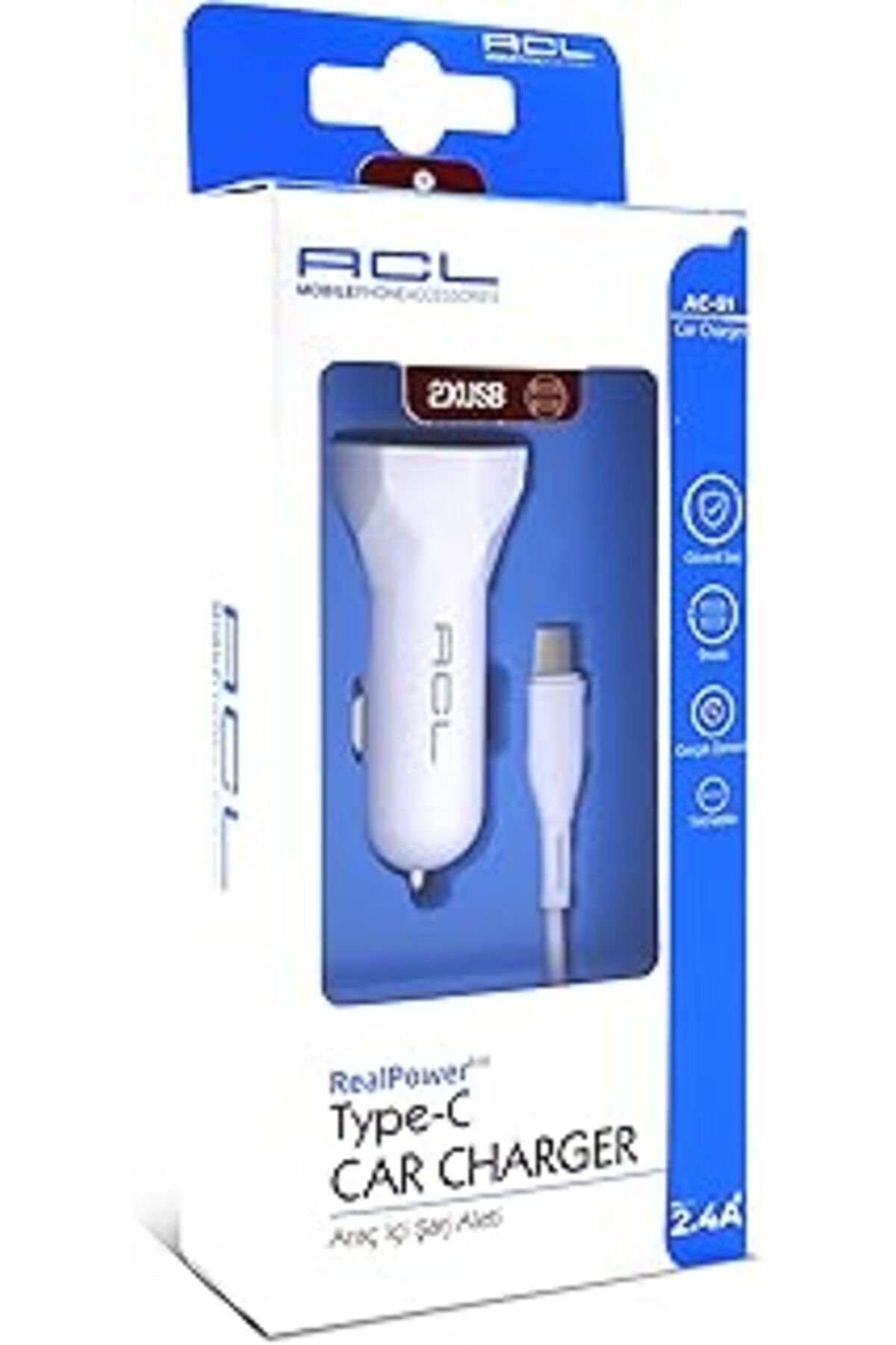 ShopZum Acl Ac-91 2.4A Araç İÇi Şarj Al 2Usb Ve 1M Type-C Kablo