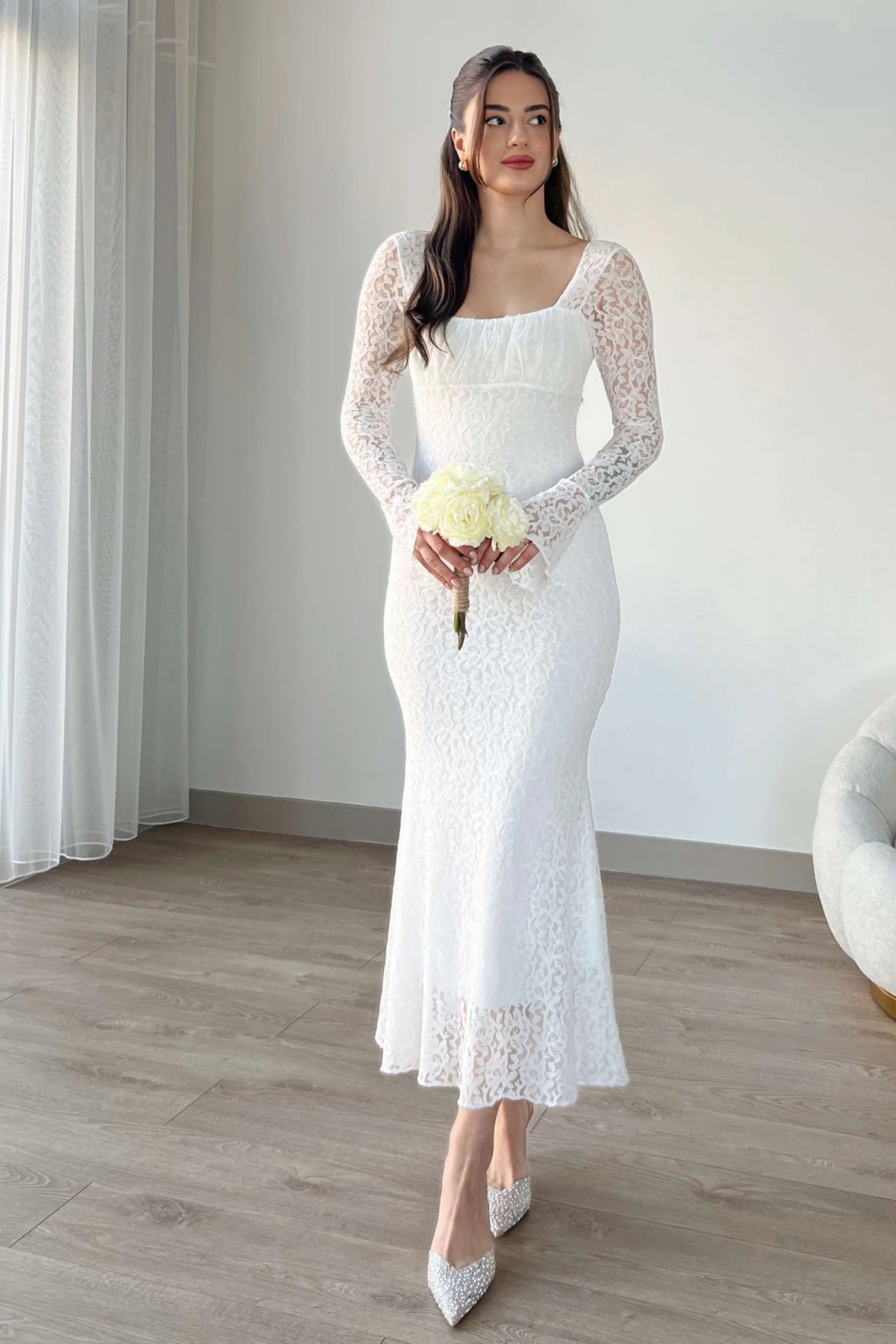 Zahra Tek Omuzlu Kesimli Dantelli Maxi Elbise main image 1