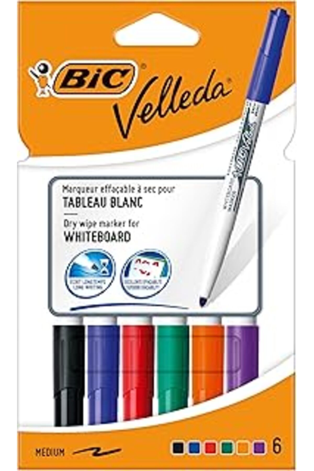 ebadi Bic Velleda 1741 Eco Yuvarlak Uçlu Beyaz Tahta Kalemi 6'Lı Paket, 6 Farklı Renk, Sabit Yuvarlak Uç