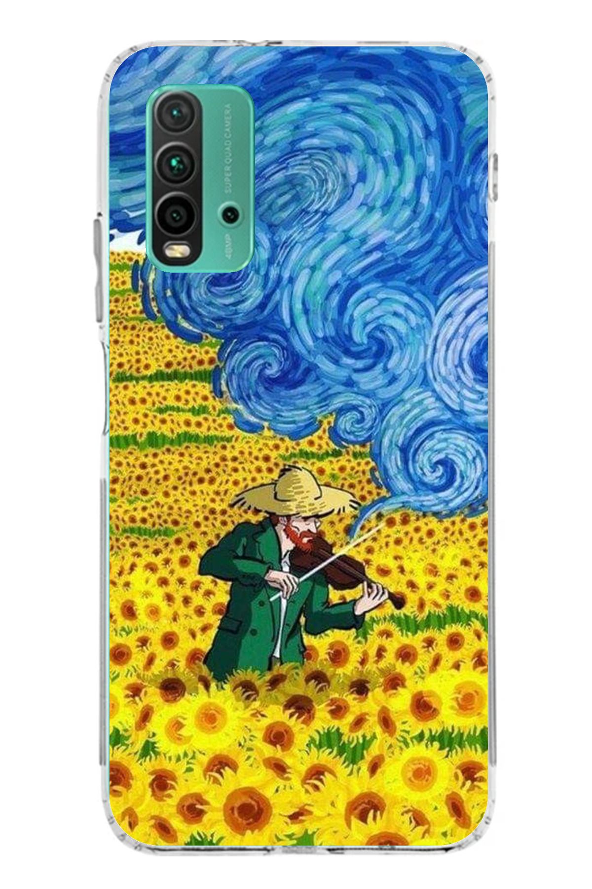 TechTree Redmi 9T Uyumlu Van Gogh Keman Şeffaf Silikon Kılıf