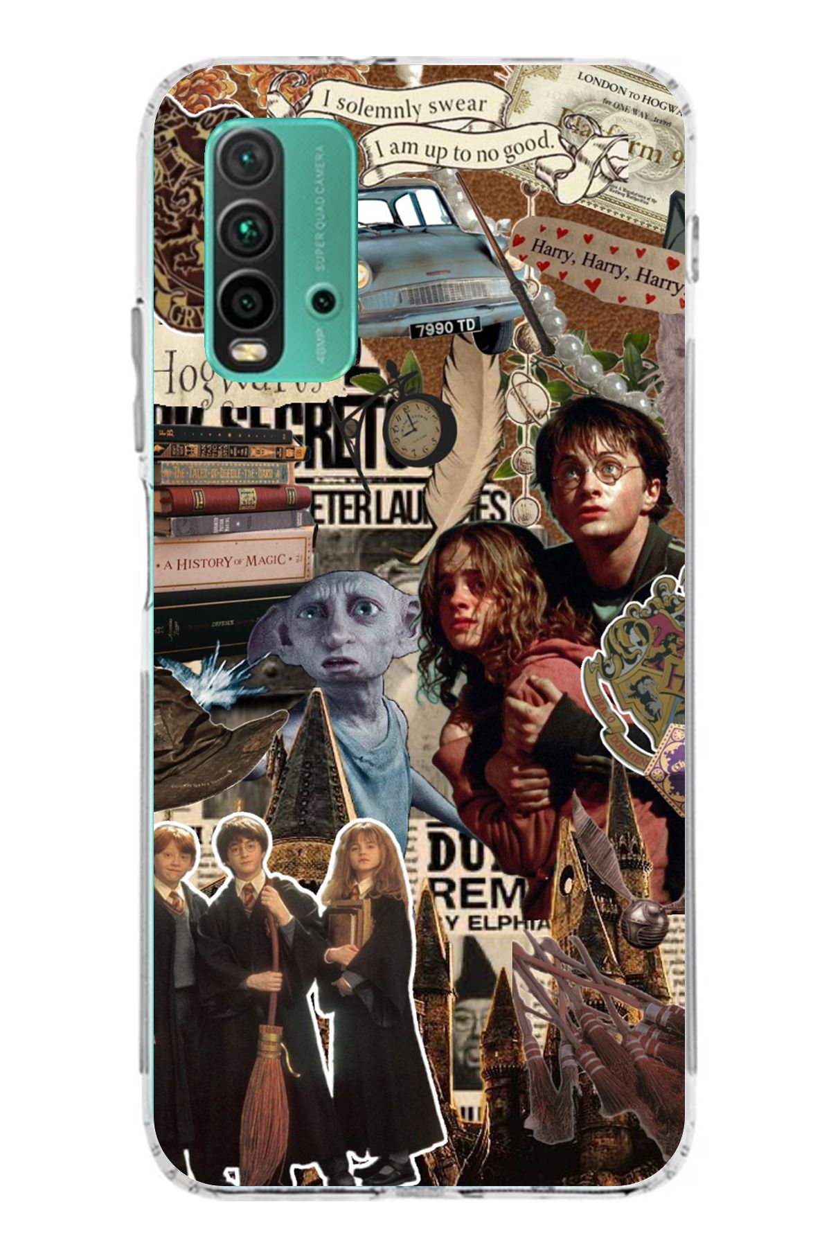 TechTree Redmi 9T Uyumlu Harry Potter Çıkartmalı Tasarımlı Şeffaf Silikon Kılıf