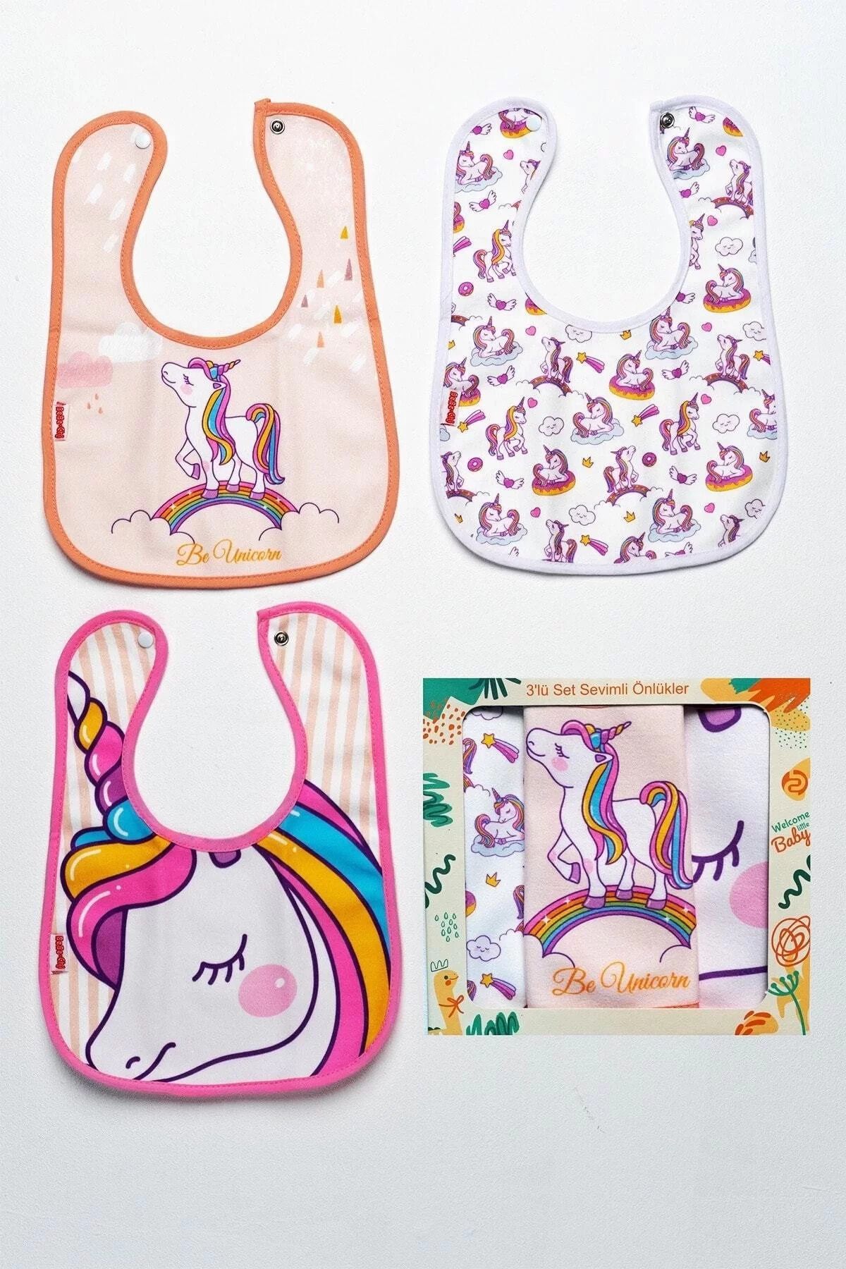 BOYOZBUTİK Unicorn Temalı Kare 3 Parça Microfiber Mama Önlüğü Kendi Kutusunda (su Geçirmez) Çıtçıtlı