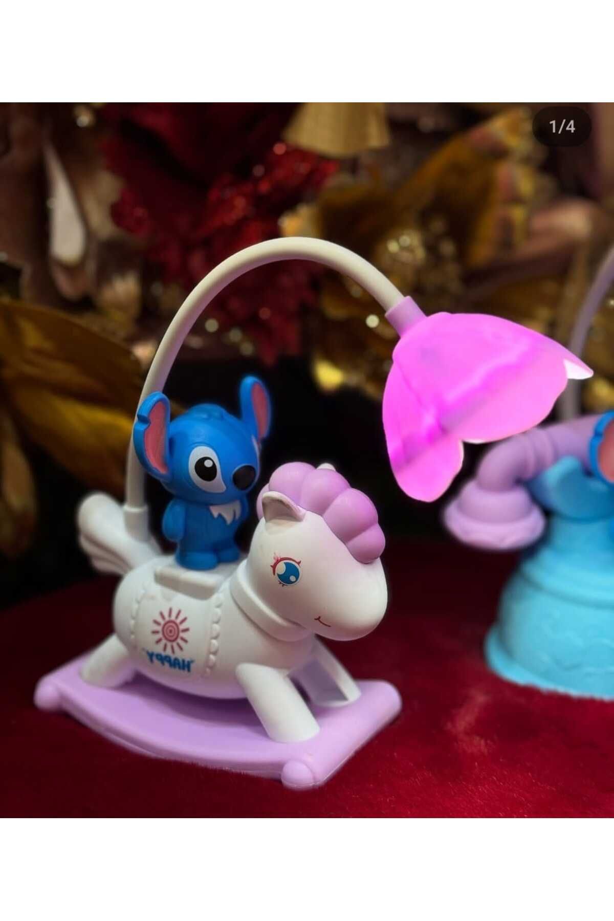 Menuzer Kuromi & Lilo & Stitch Karakterli Unicorn Atlı Sevimli 360 Derece Ayarlanabilir Çiçekli Masa Lambası