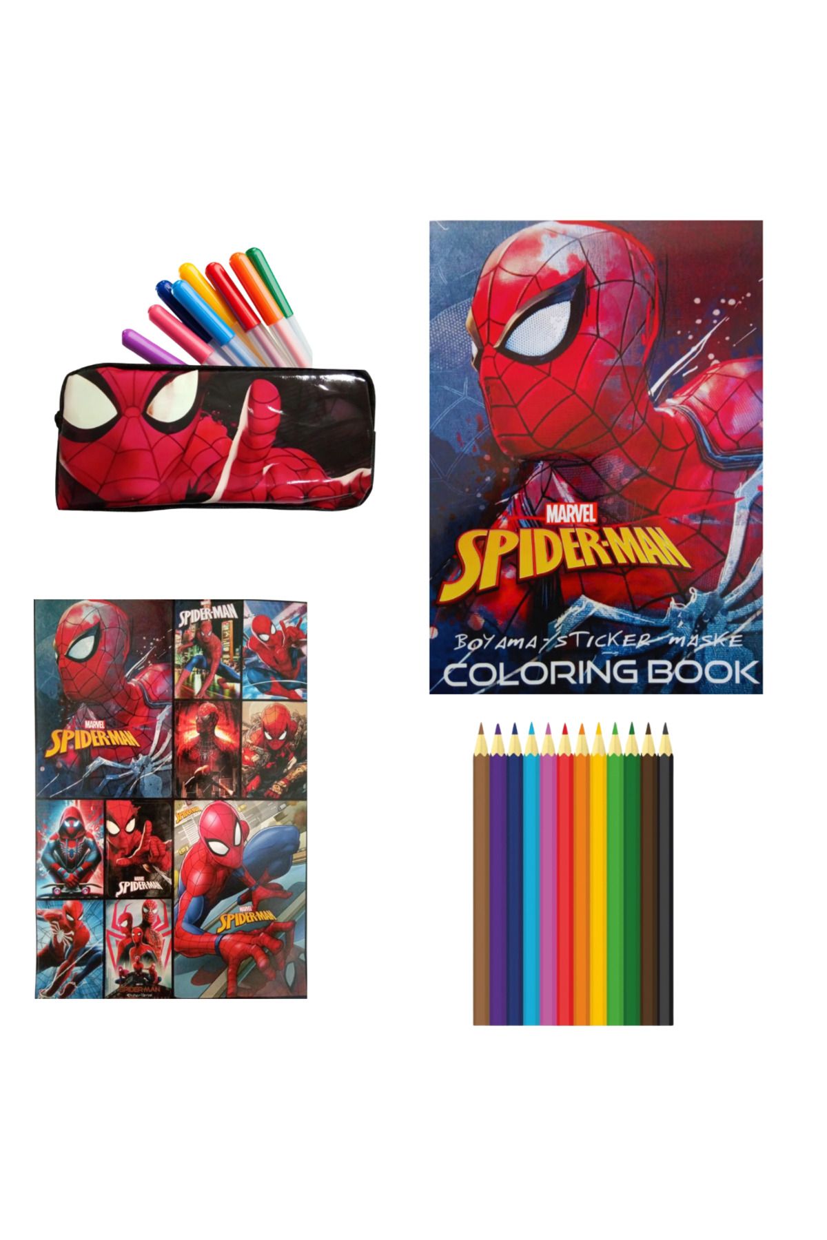 booddie Spıderman Stickerlı Arka Kapak Maskeli Boyama Kitabı ,Kalem Kutusu,12'li Kuru Boya & 10'lu Sticker