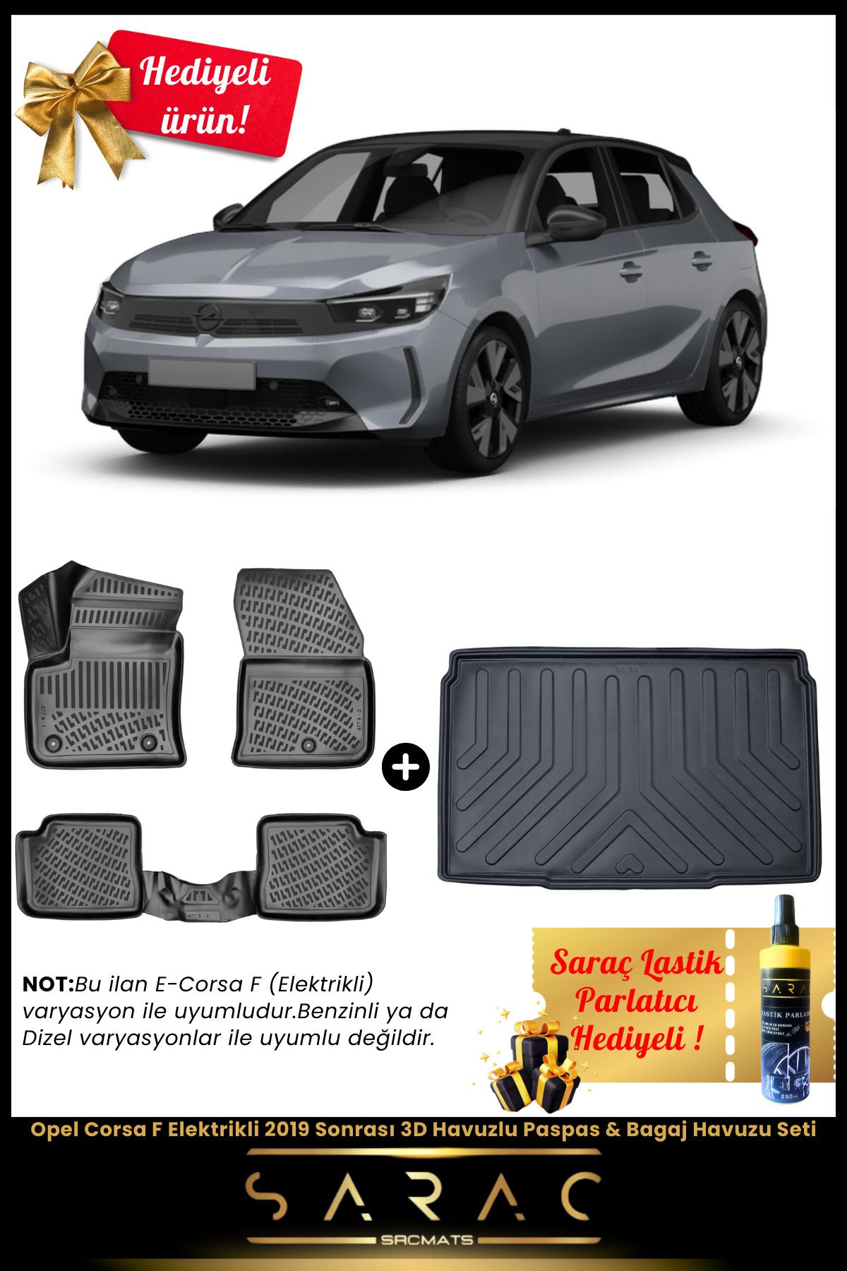 SRCMATS Opel Corsa F Elektrikli 2019 Sonrası Araca Özel 3D Havuzlu Paspas & Bagaj Havuzu Seti+(HEDİYELİ!)