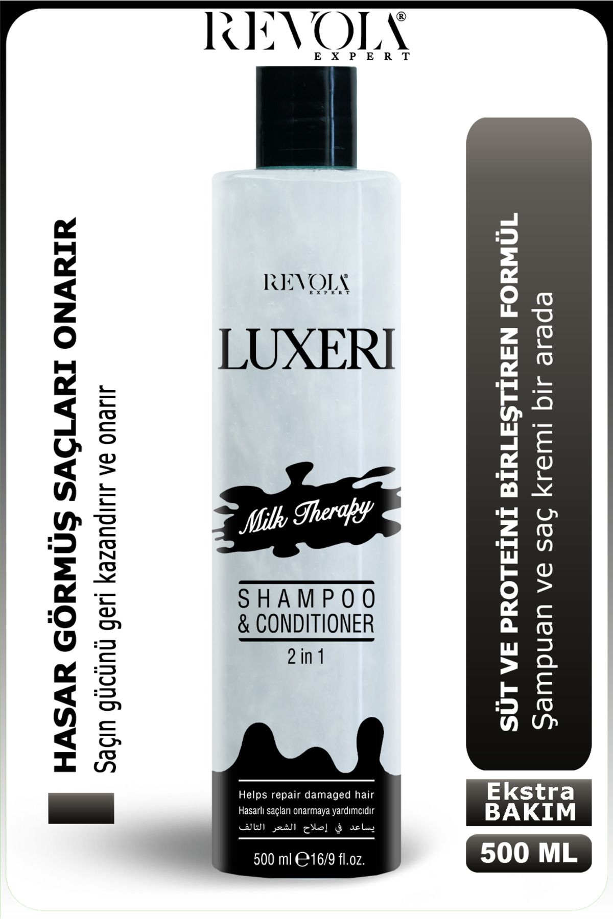 REVOLA EXPERT Luxeri Milk Therapy Şampuan & Saç Kremi 2'si 1 Arada - Hasarlı Saçlar için Onarıcı Bakım 500 ml