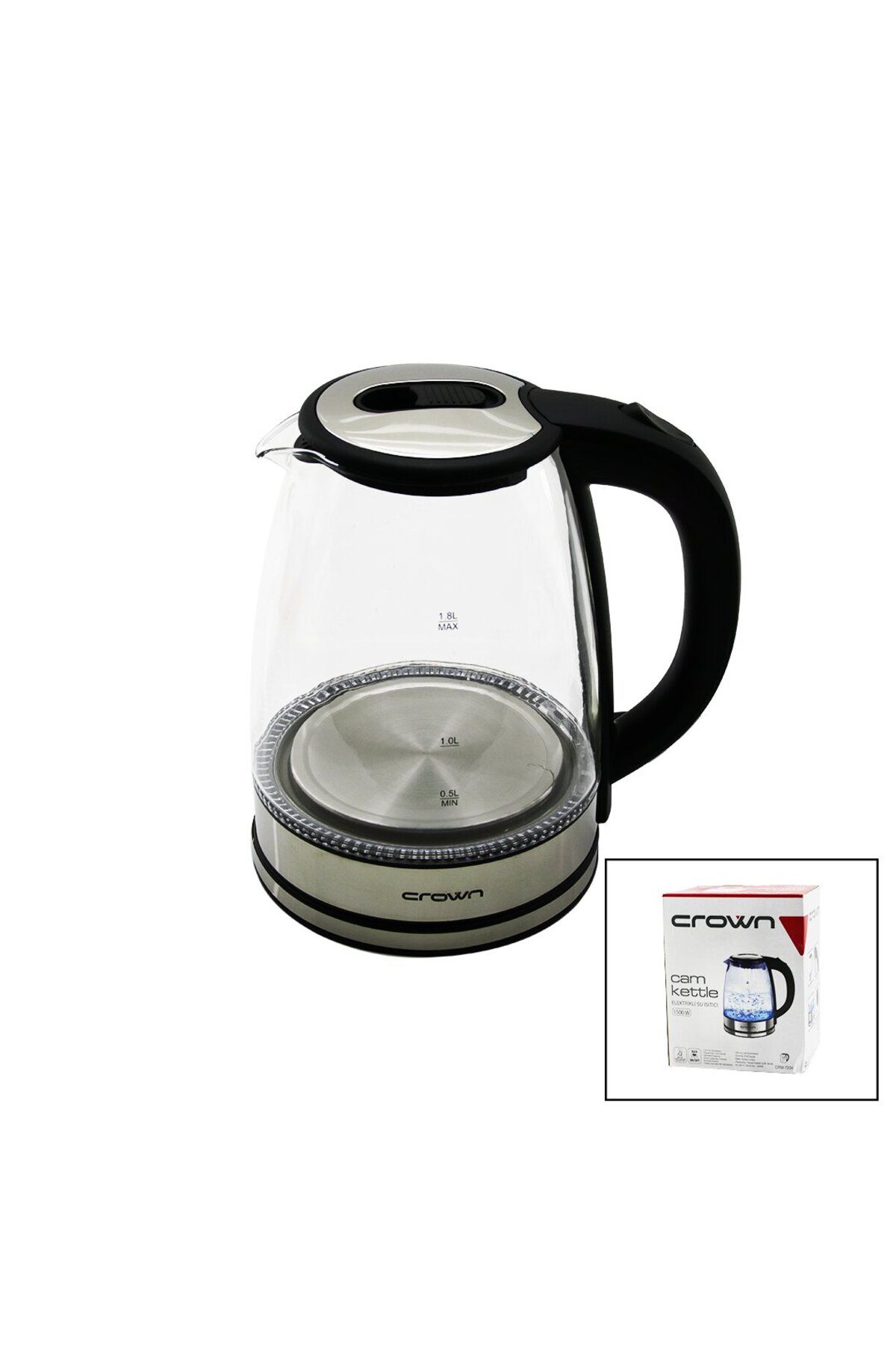 EVİMOL ( CAM & LEDLİ ) KETTLE ( 1.8LT ) - 1500W -ÇELİK TABAN & KROM KAPAK 360° GÖVDE  PLASTİK KULP