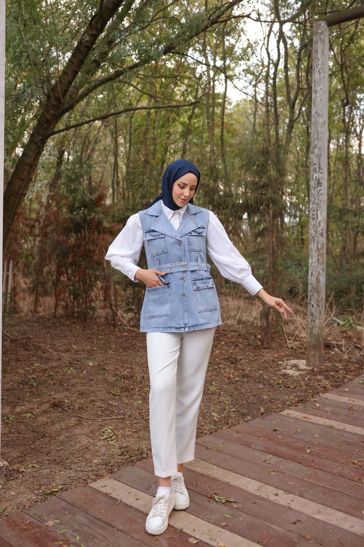 Nefise-Denim Four Pocket Belted Vest 5