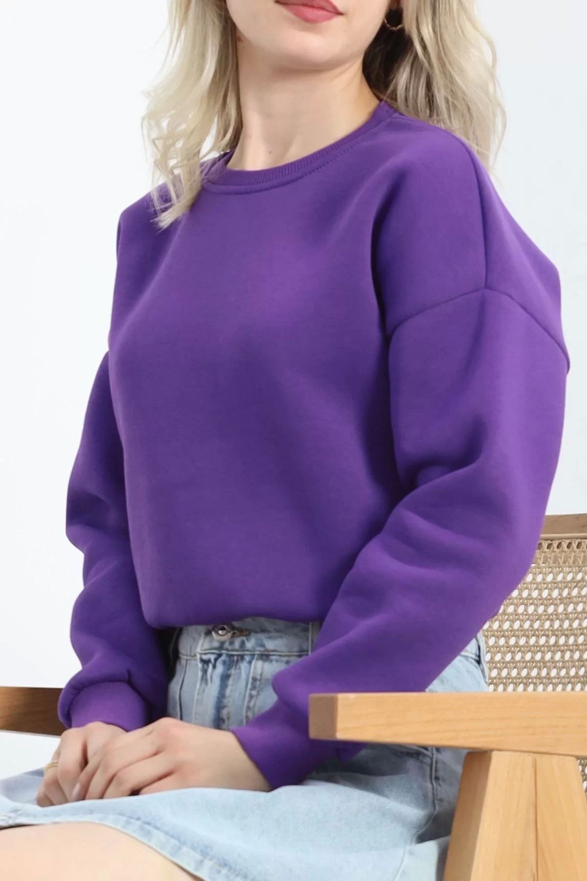 ufukmoda Bisiklet Yaka 3 İplik Crop Sweat Mor - 20968.1878.