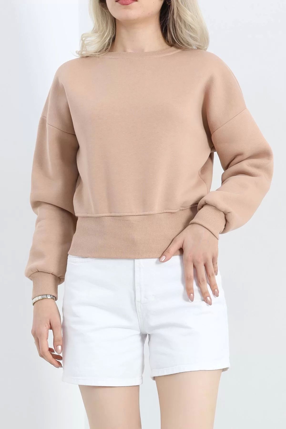 ufukmoda Bisiklet Yaka 3 İplik Crop Sweat Bej - 20968.1878.