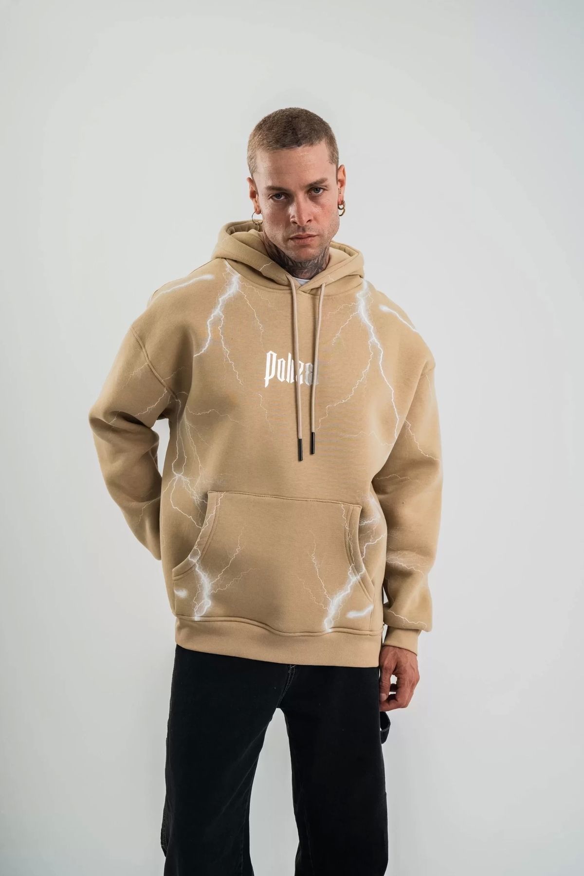 AE Stil Double Oversize Kapşonlu Şimşek Pano Baskılı SweatShirt - Bej