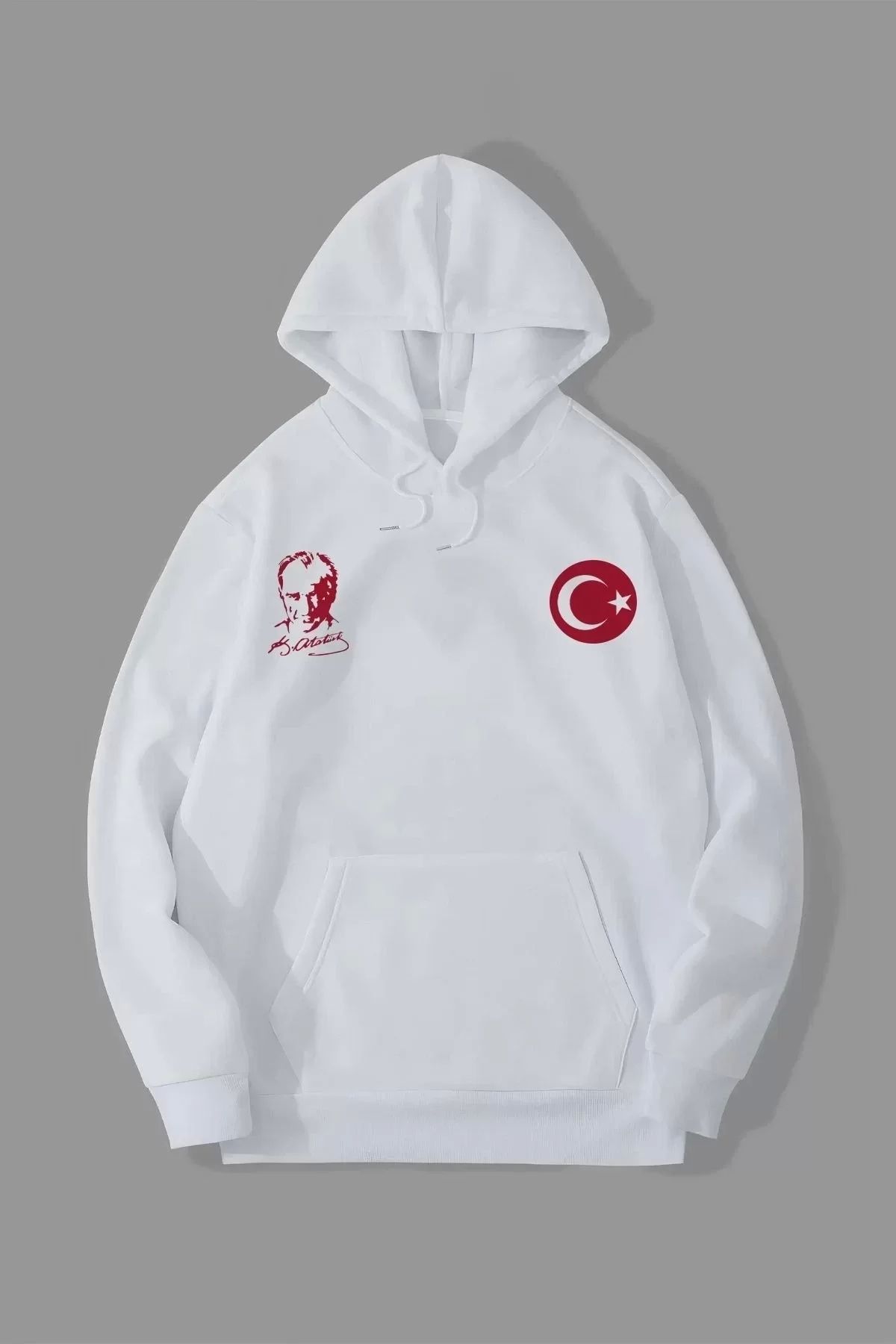 AE Stil 10 Kasıma Özel Üç İplik Kapüşonlu Baskılı SweatShirt - Beyaz