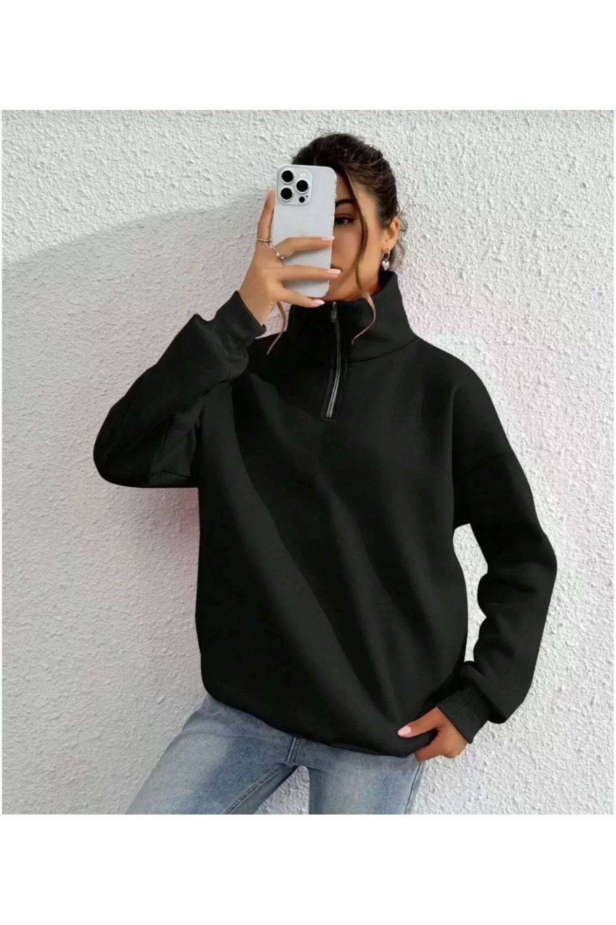 AE Stil Unisex Uzun Kol Yarım Farmuarlı Yakalı Basic SweatShirt - Siyah