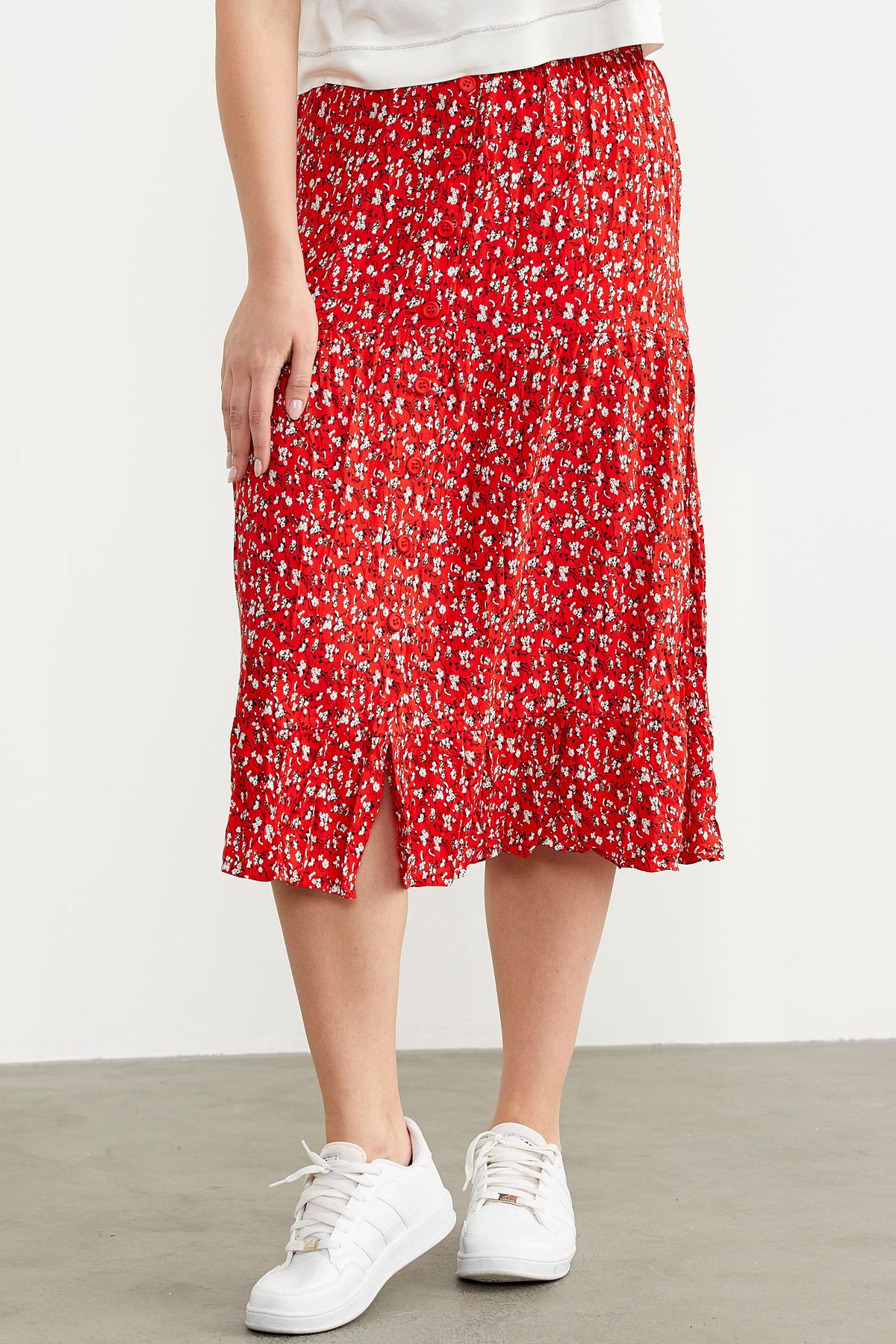 Sementa-Elastic Front Buttoned Patterned Skirt - Red 4