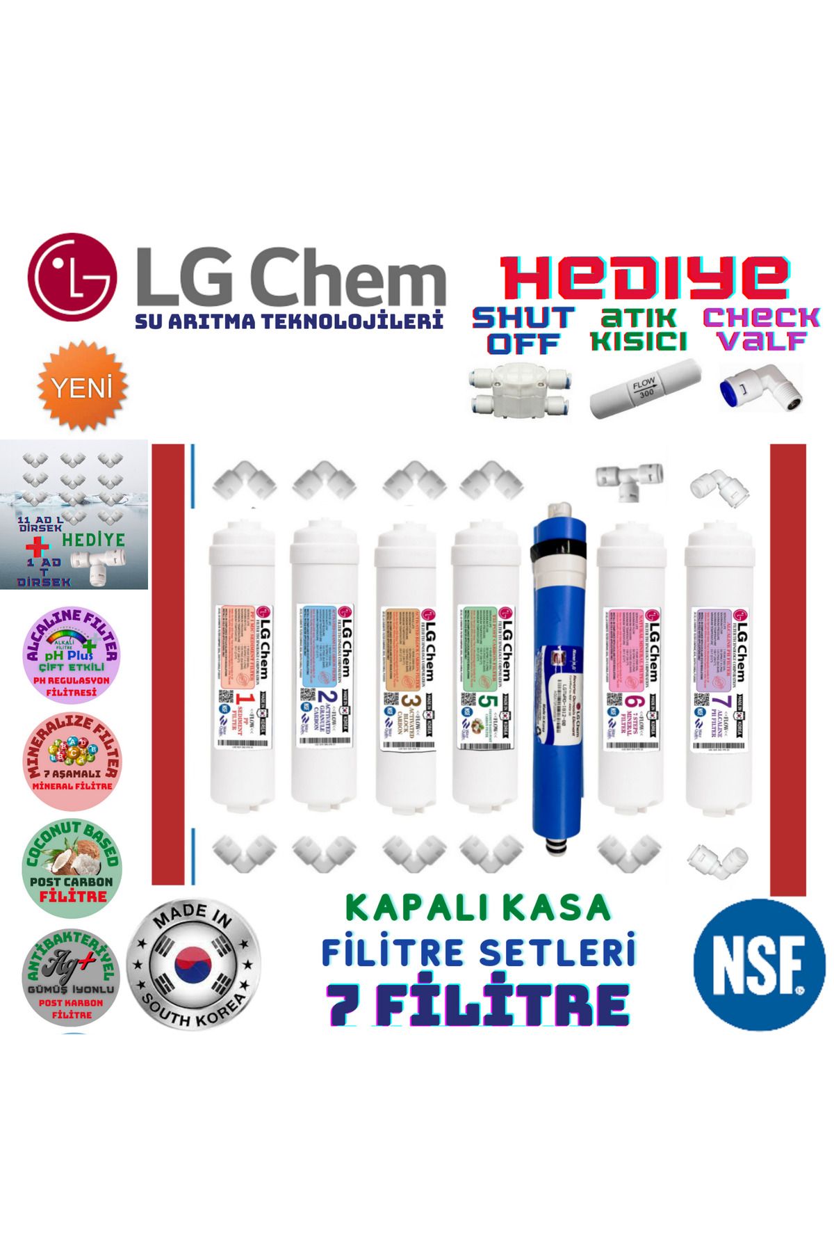 LG Chem Kapalı Kasa 7 Filtre 14 Aşamalı Su Arıtma Cihazı Filtre Seti TÜM FİTTİNGS HEDİYE