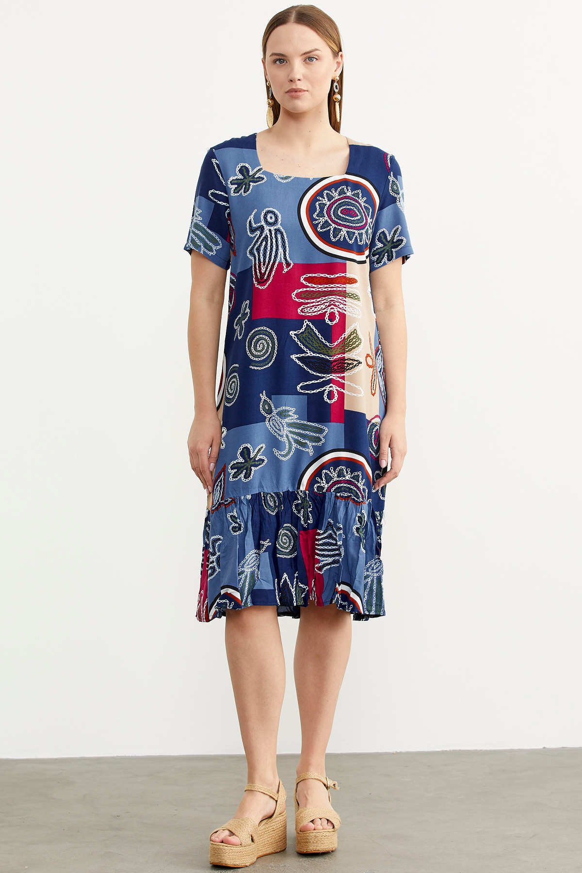 Sementa Square Collar Flowing Viscose Dress - Navy Blue
