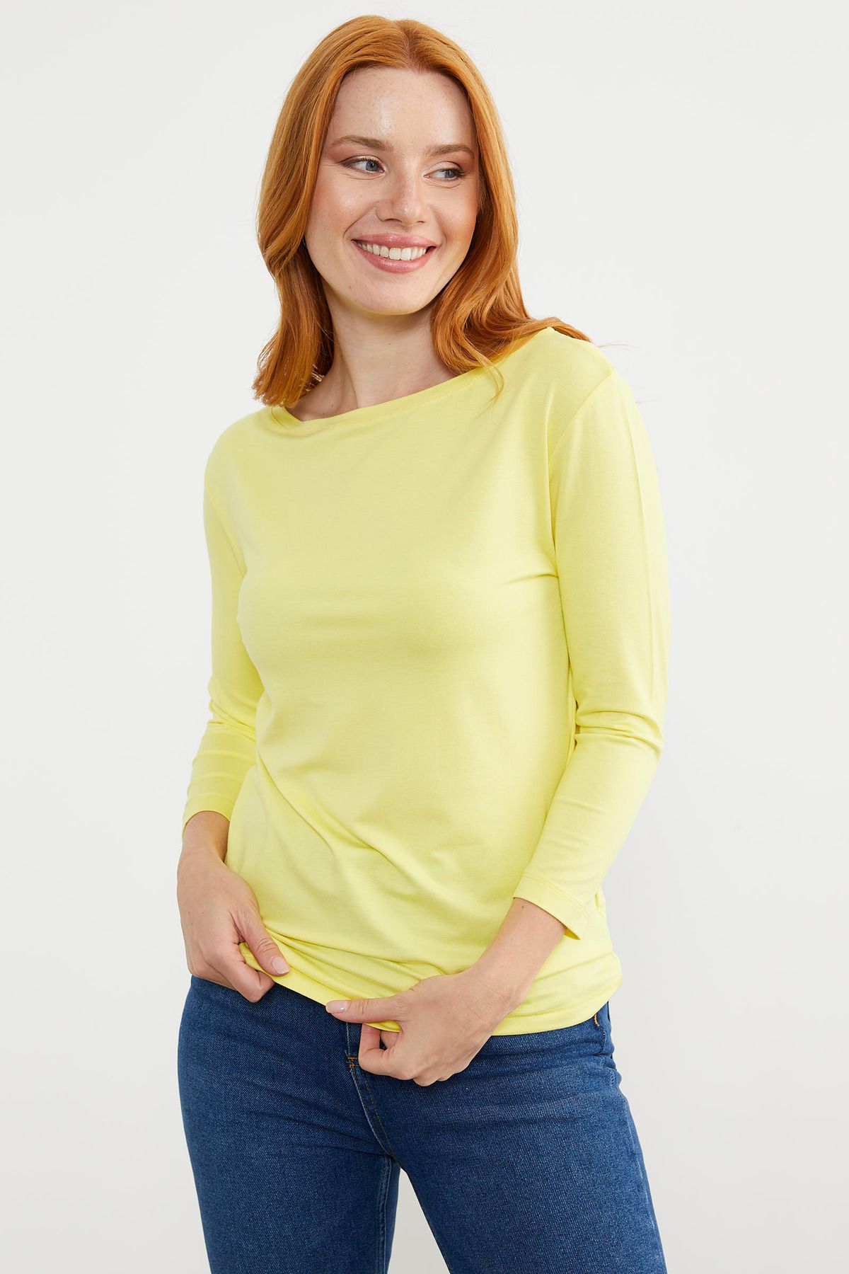 Sementa-Boat Neck Long Sleeve T-Shirt - Yellow 4