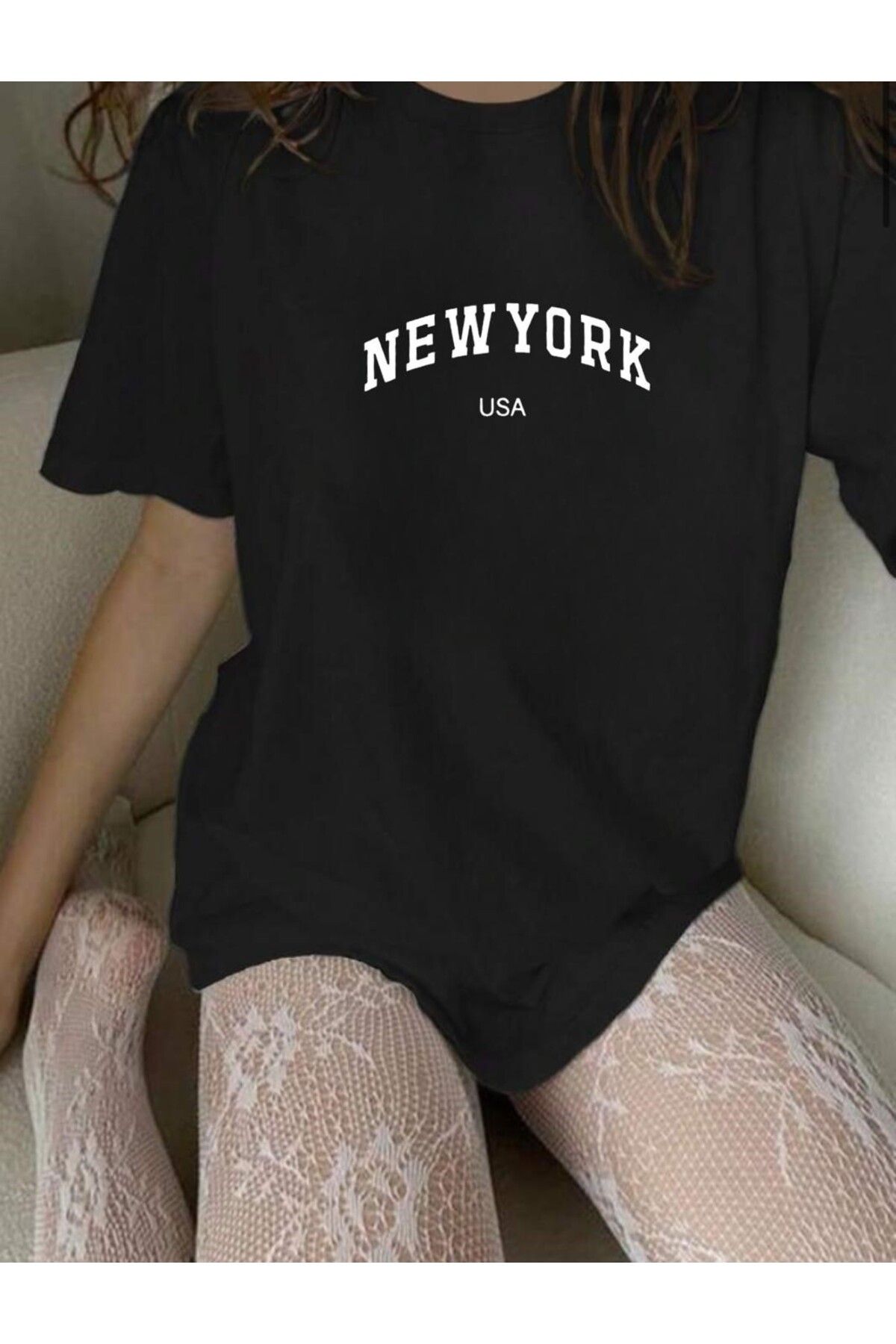 stg spor toptan giyim Kadın Siyah Oversize New York Baskılı Bol Kalıp T-shirt