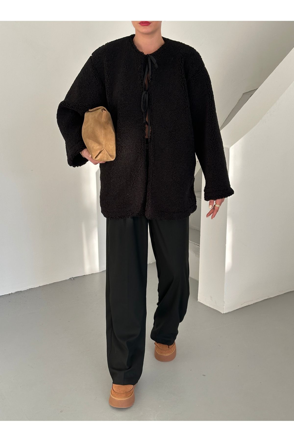 Laluvia-Schwarze Teddyjacke mit Schnürung vorne-7328 5