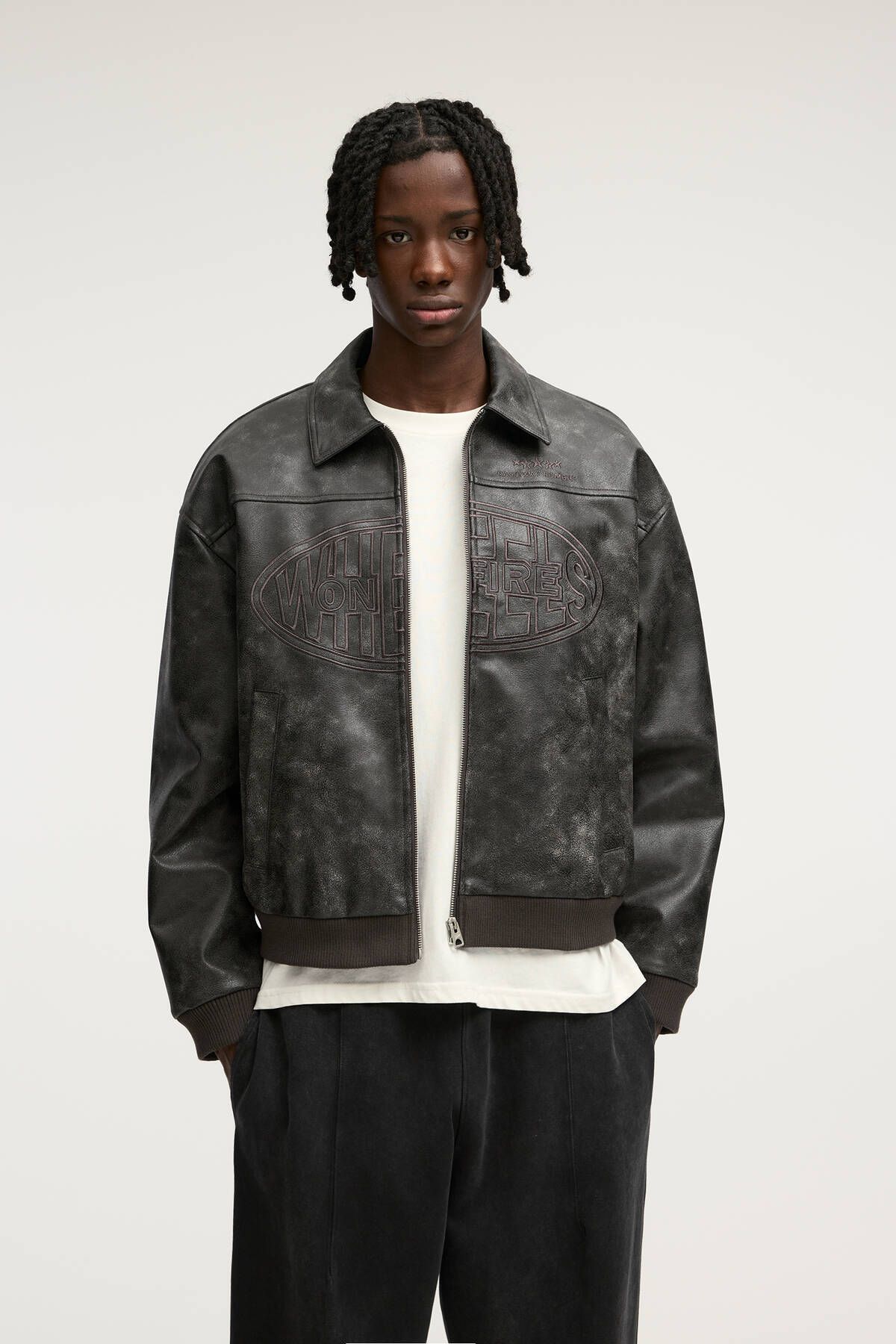 کت مشکی مردانه ژاکت چرمی مصنوعی گلدوزی شده Pull Bear Pull & Bear