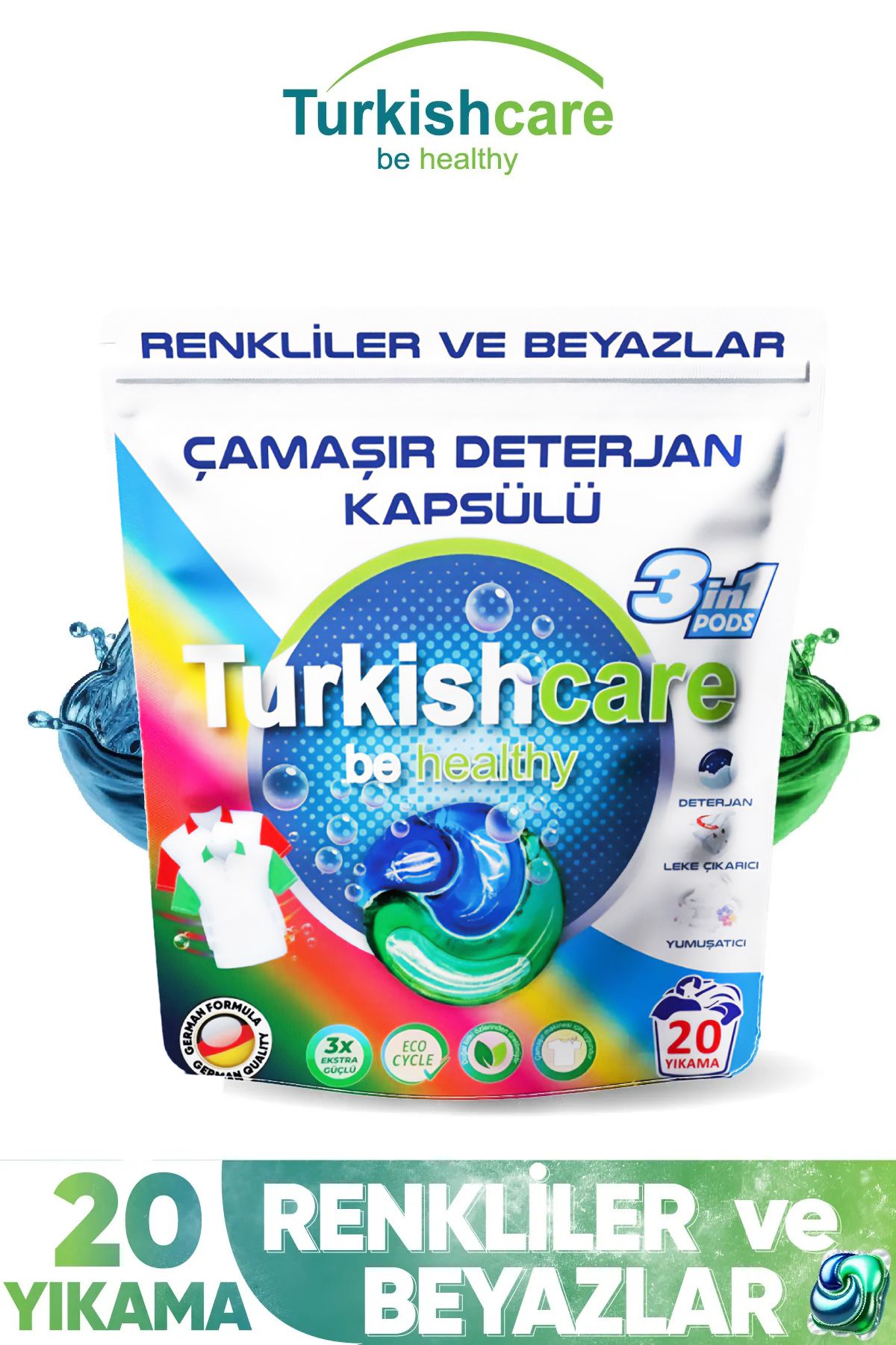 Turkishcare Hepsi Bir Arada 20 Yıkama Renkli ve Beyazlar İçin Çamaşır Deterjan Kapsülü Pods