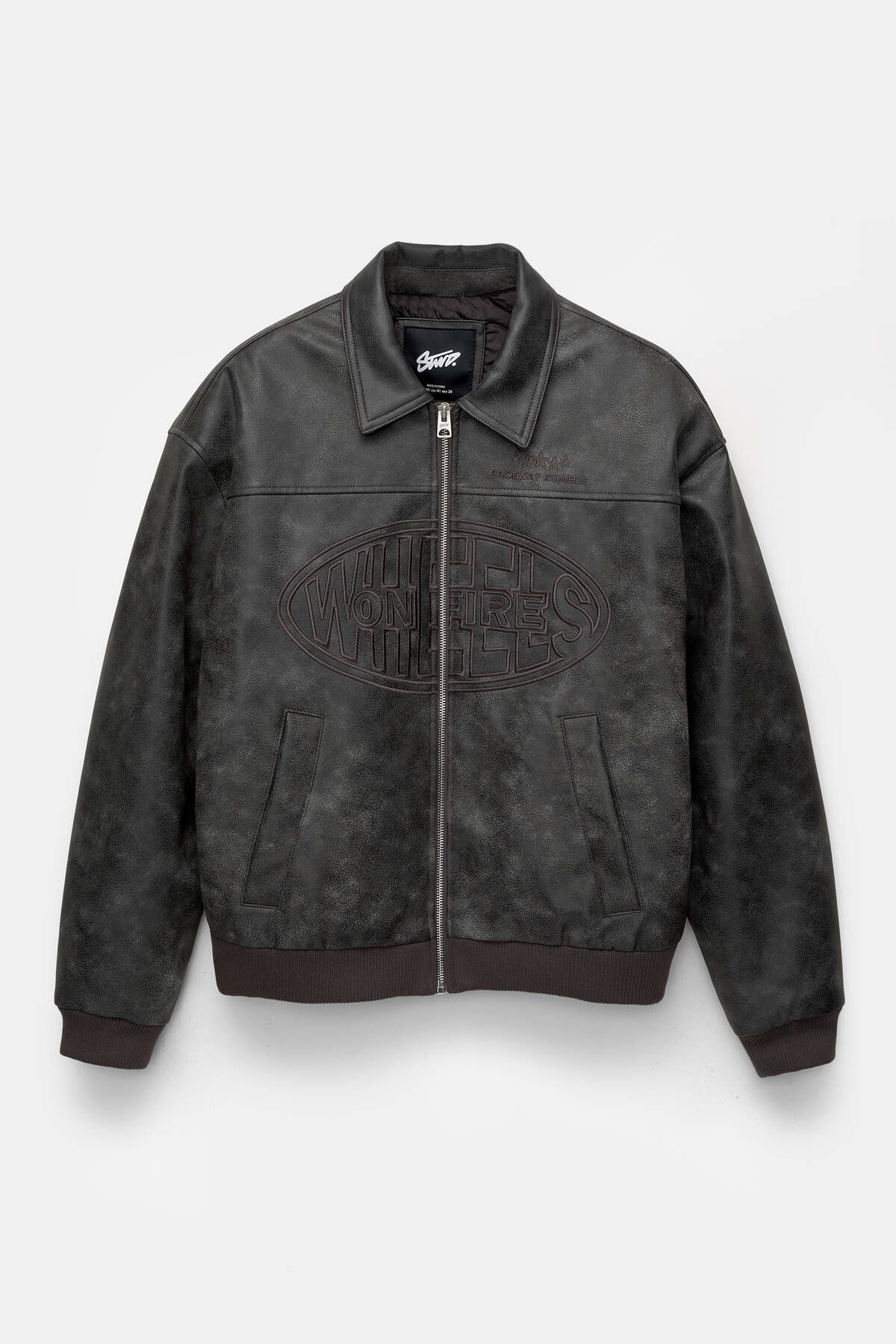 کت مشکی مردانه ژاکت چرمی مصنوعی گلدوزی شده Pull Bear Pull & Bear
