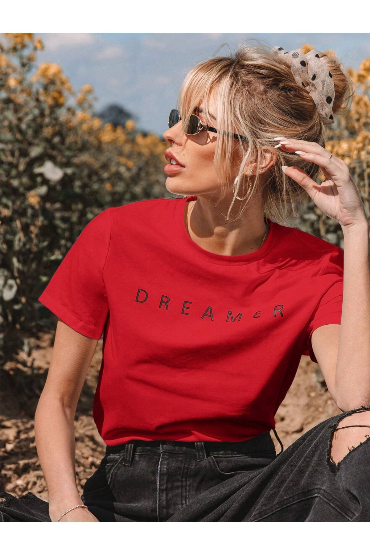 PARPAW %100 Penye Pamuk Unisex Oversize Dreamer Baskılı Kırmızı Tshirt