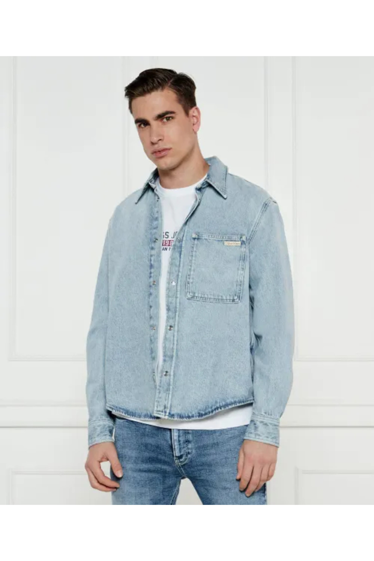 Calvin Klein Erkek Regular Fit Çentikli Yaka Düğme Kapamalı Cep Detaylı Denim Mavi Gömlek J30J327021-1AA