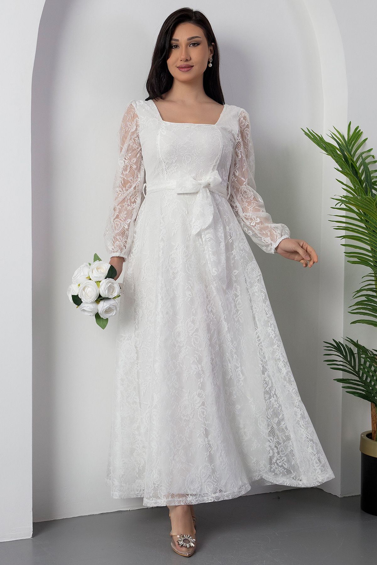 PULLIMM-Square Neck Lace Dress with Belt Ap-0222 3