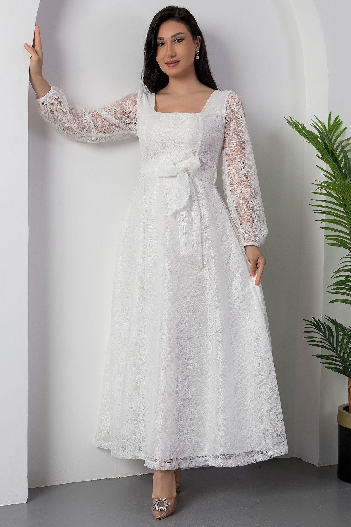 PULLIMM-Square Neck Lace Dress with Belt Ap-0222 4