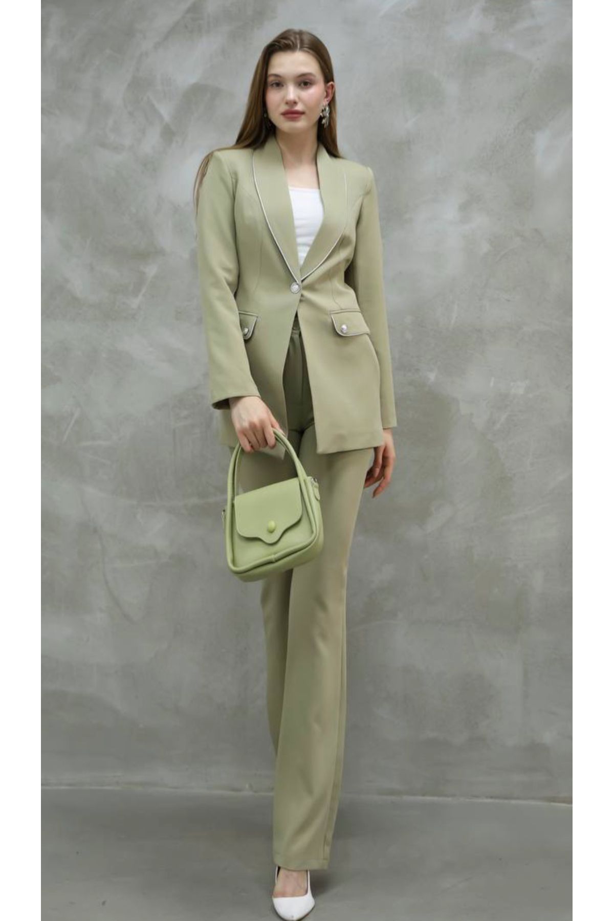ZF BUTİK-Khaki Women's Jacket and Trousers Set - Silver Detailed 2
