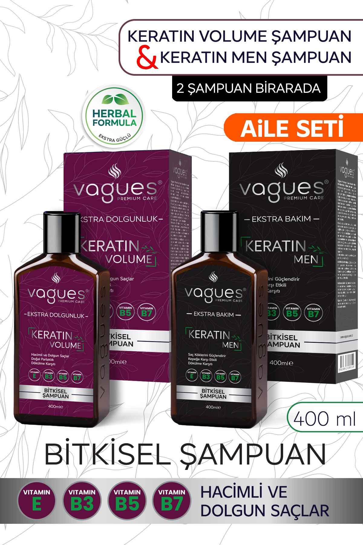 Vagues Premium Care Bitkisel Şampuan Aile Seti / Keratin Volume şampuan + Keratim Men Şampuan Extra Saç Bakımı