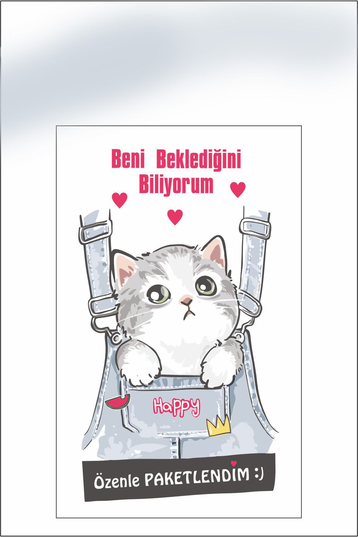 ÜRETİM TEK YÜZEY BASKILI Happy Cat Teşekkür kartı Kedili Teşekkür Kartı  5,8x9,2 parlak selefonlu 100 Adet