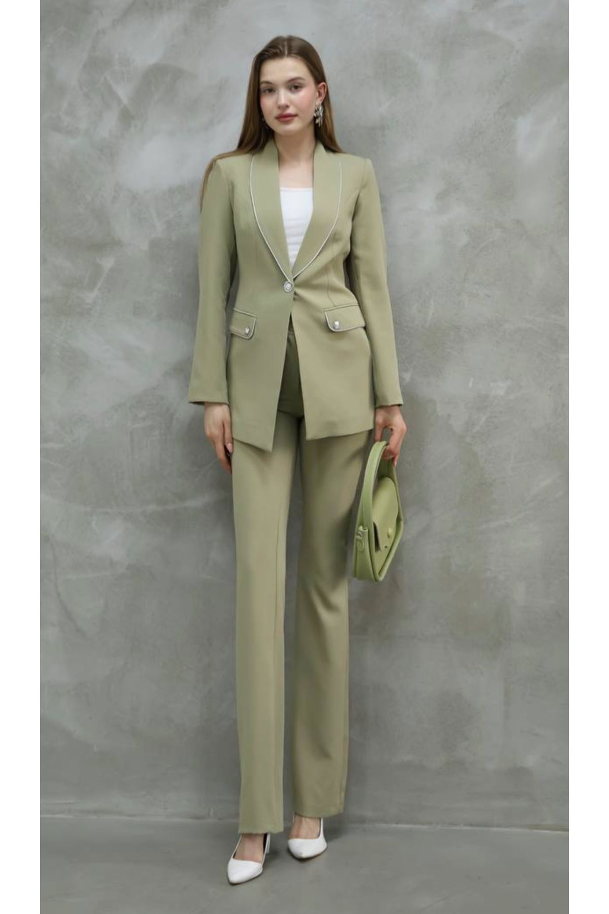 ZF BUTİK-Khaki Women's Jacket and Trousers Set - Silver Detailed 4