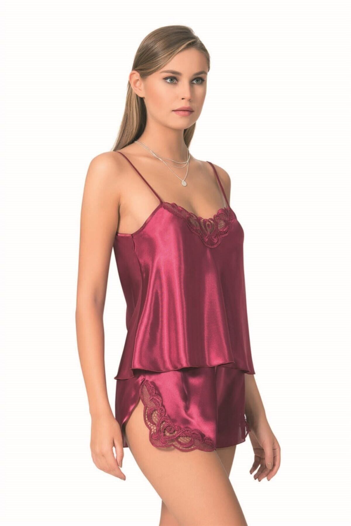 Markano Kadın Bordo Saten Babydoll Şort Takımı