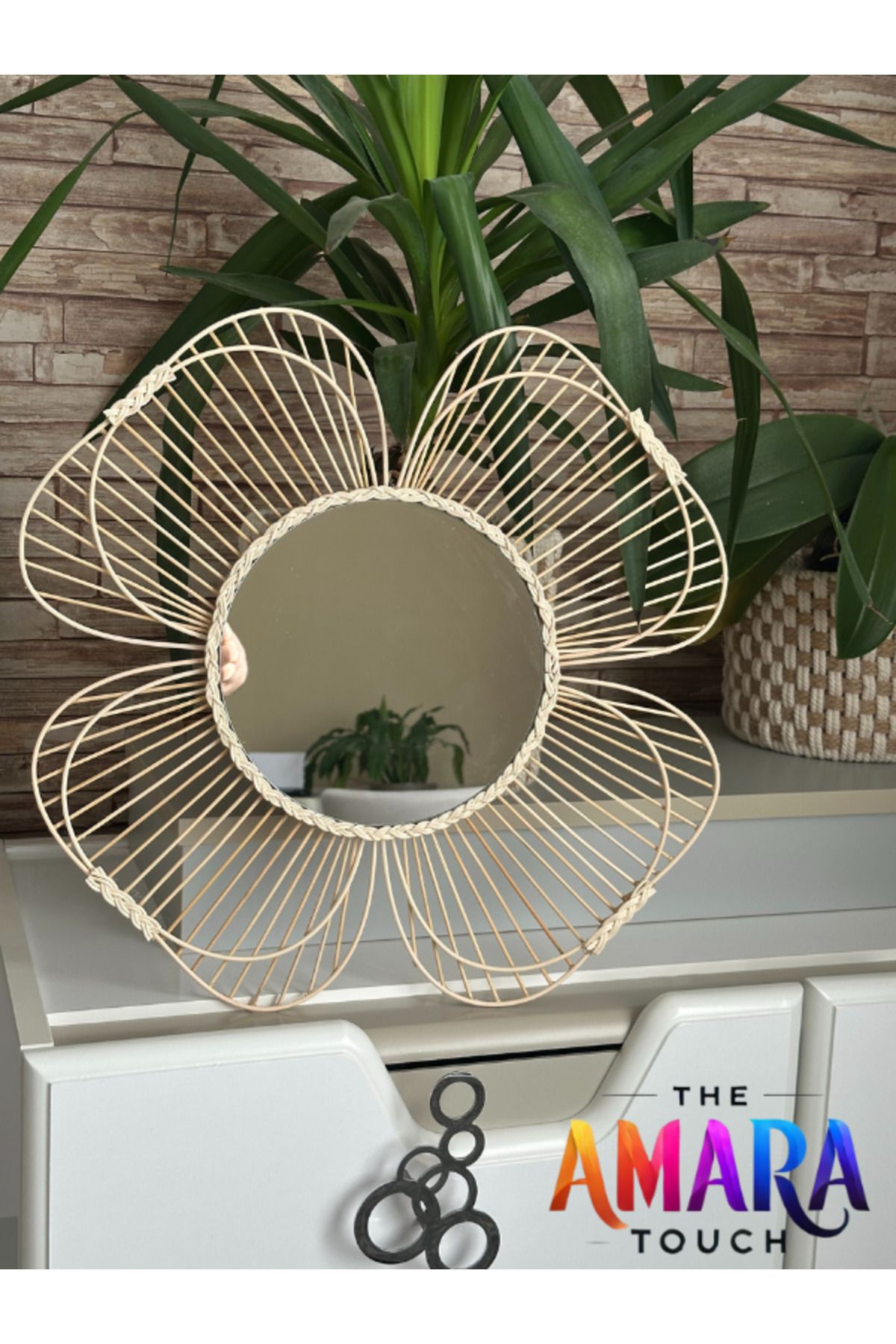 THE AMARA TOUCH Rattan Bambu Dekor Ayna, Çocuk Odası,konsol Ayna, Yuvarlak Duvar Aynası, Yonca Rattan Ayna