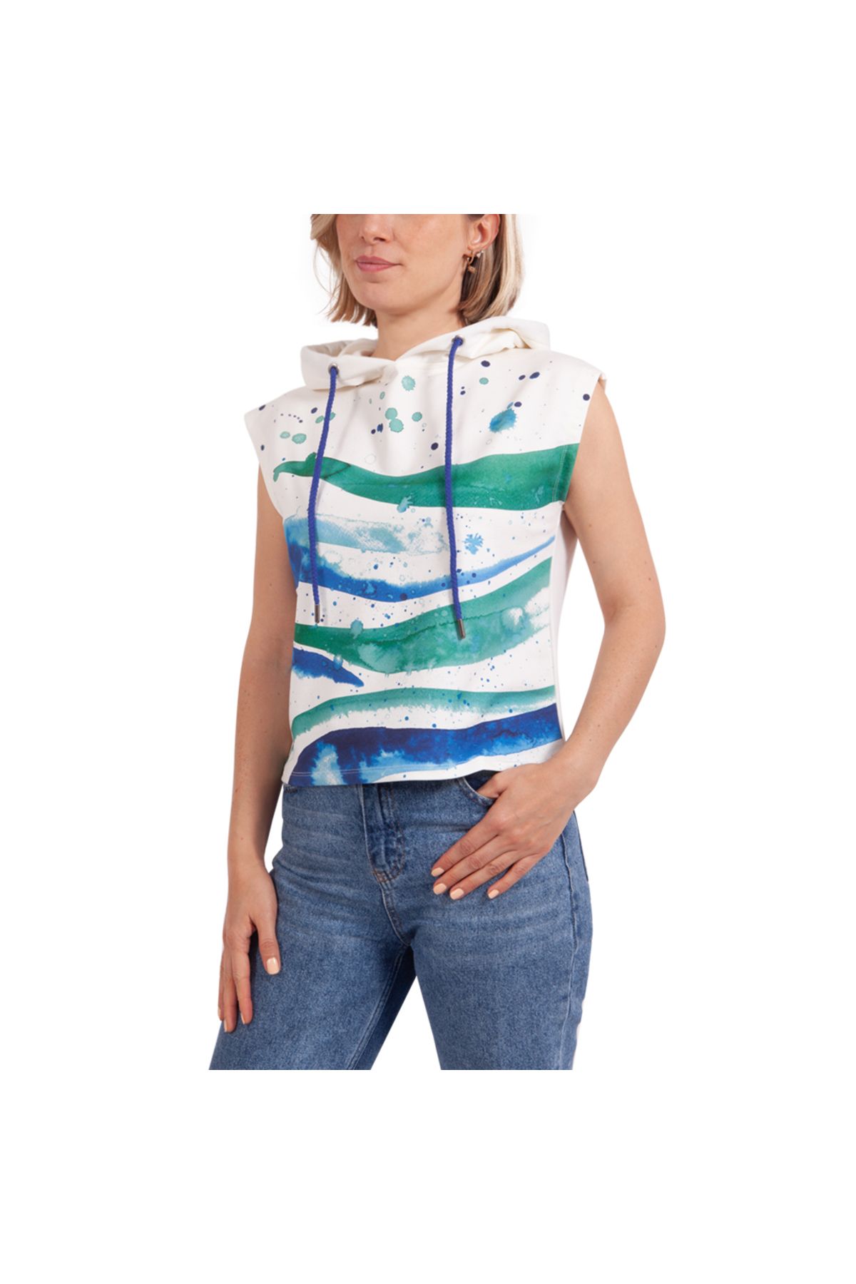ANEMOSS-Wave Sleeveless Hooded White Women's Sweatshirt 4