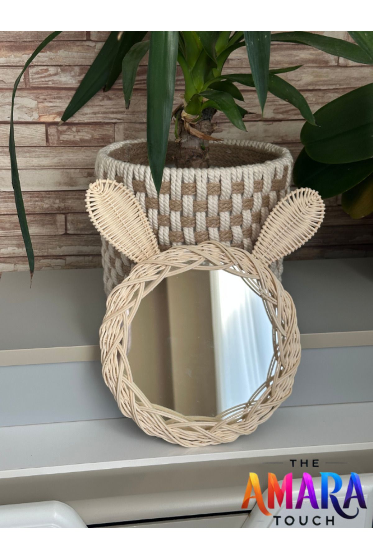 THE AMARA TOUCH 20 Cm Tavşan Figürlü Çocuk Odası Dekoratif Ayna, Rattan Bambu Hasır Ayna ,Kulaklı Ayna,